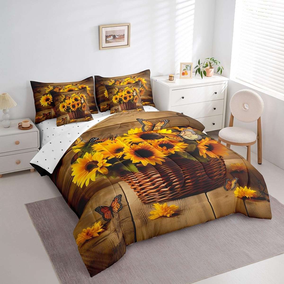Erosebridal Girl Sunflower 7 Pcs Comforter Set Full Size Butterfly Duvet Set Yellow Floral Quilt Set Romantic Garden Style Sheet Set Bed in A Bag Wooden Brown Girly Room Decorative