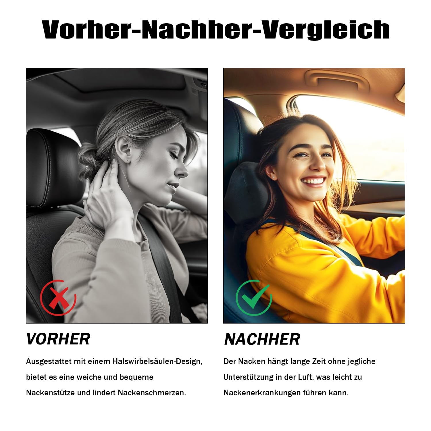 2-Pack Auto Nackenkissen, Weichheit Kopfstütze Auto, Kissen zum Fahren, Atmungsaktiver Abnehmbarer Abdeckung mit Verstellbarem Riemen, Schwarz