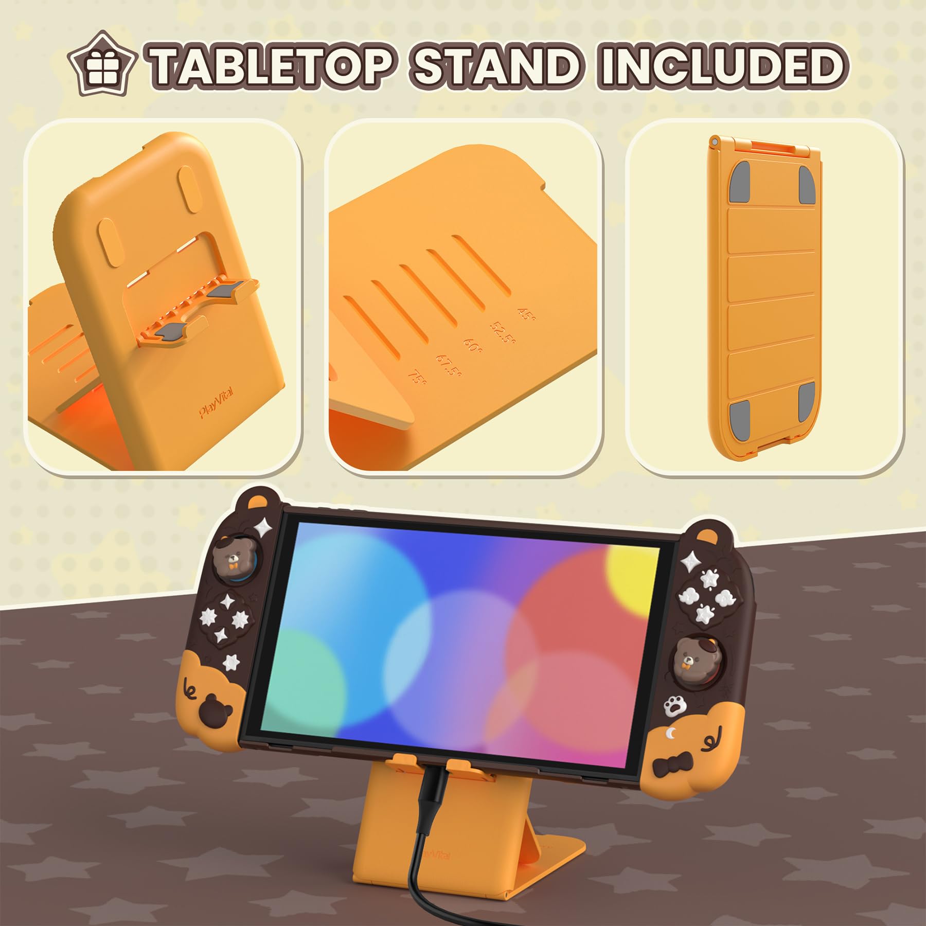 playvital Coque pour Nintendo Switch 2 Console avec Cover Grips Silicone Joycon pour Switch 2 & Capuchon Joystick Étuis Housse Dockable-Brun,Style Ours