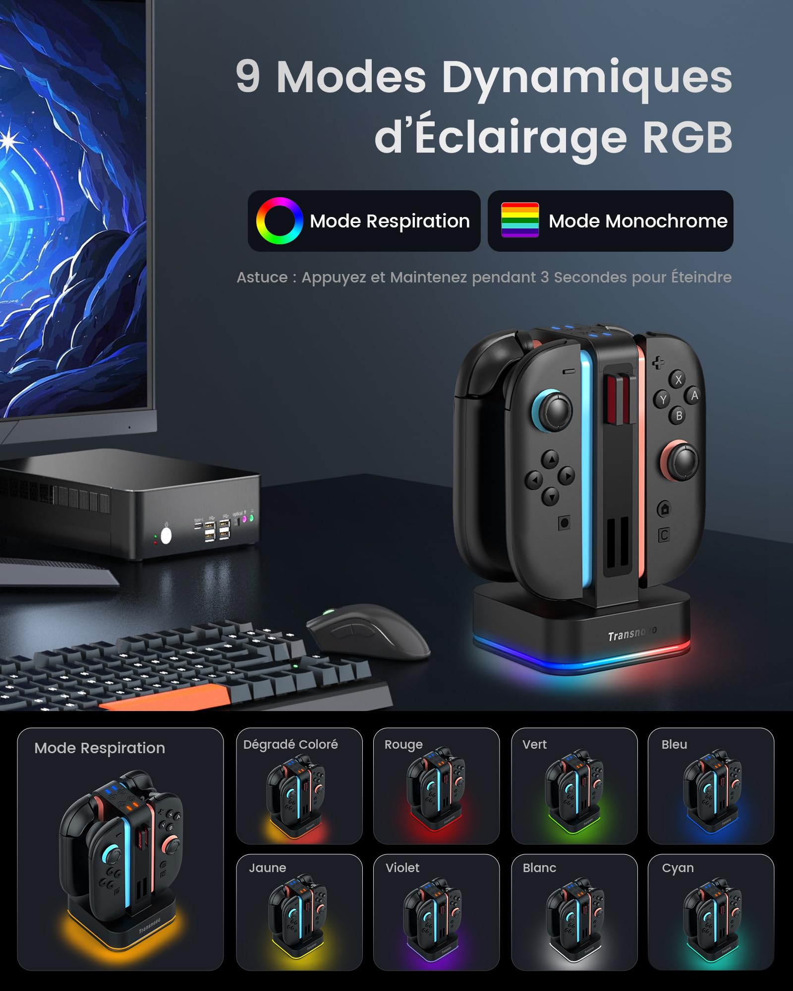 TRANSNOVO Chargeur Compatible avec Nintendo Switch 2, Station de Charge 4 en 1 avec 8 Emplacements pour Cartes de Jeu, Indicateur LED, 9 Modes RGB Lumière Gaming, Charge Simultanée de 1 à 4 Joycon