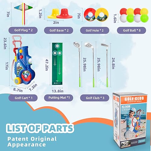 Miniatura 5 de Juego de golf para niños pequeños, palos de golf mejorados con tapete de putting, 8 pelotas, 3 palos de golf y carrito de golf, juguetes de golf