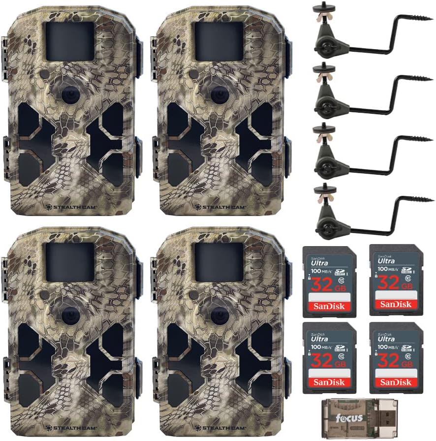 Stealth Cam 2022 G42NG 32MP Trail Camera (4-Pack) with Tree Mounts, No-Glow Flash, 100-Ft. IR Range, Kryptek Camo Bundle with Holder, 32GB Card, and Card Reader (13 Items)