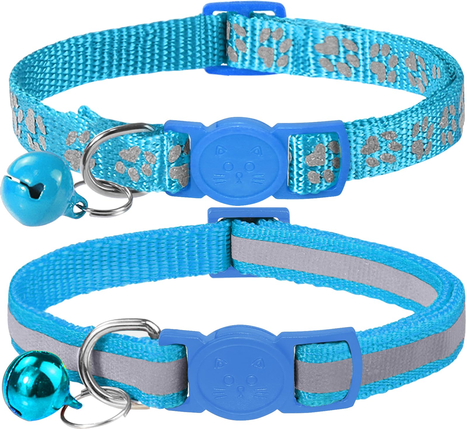 Taglory Collar Gato Reflectante, 2 Piezas Collares para Gatos con Cascabeles y Hebilla Seguro de Liberación Rápida, 15-20 cm Azul Claro