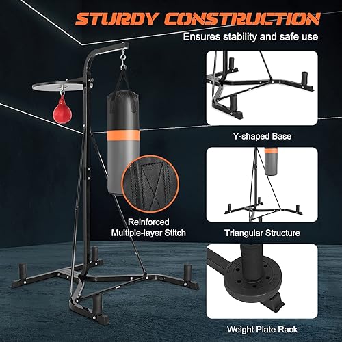 Miniatura 4 de GYMAX Saco de boxeo con soporte para adultos, máquina de boxeo independiente con altura ajustable de velocidad y bolsa de arena, saco de boxeo