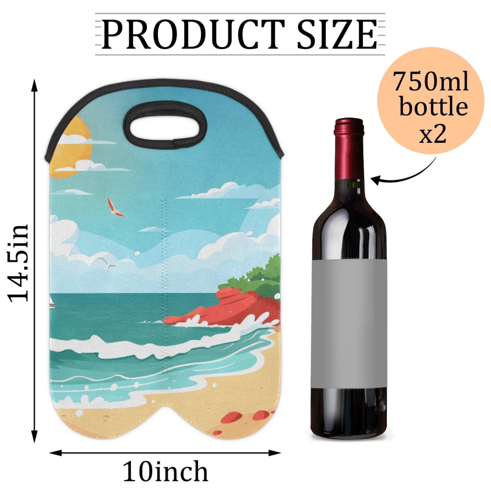 GzLeyigou 2 Bottles Sandy Shore Wine Bag Sleeve Totes Neoprene Protective Wine Carrier Bag for Wine,Water, Champagne, Beer, Baby Bottles,Gift 14.5 x 10 Inches