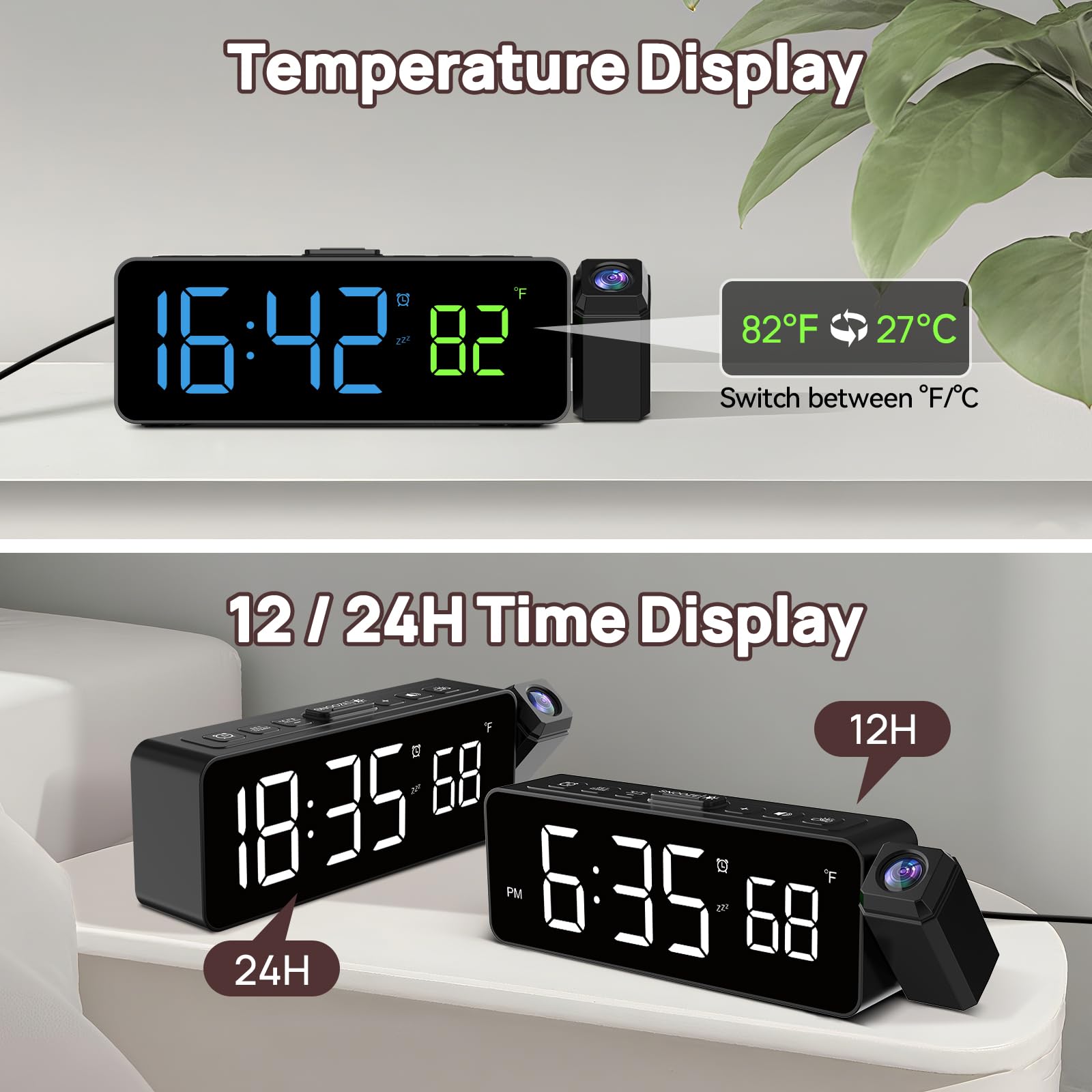 DollaTek Projectiewekker voor slaapkamer, digitale wekker op het plafond, met dubbele wekker, 4 dimmers, groot led-display, 180 graden draaibaar, zwarte beschermhoes, rood