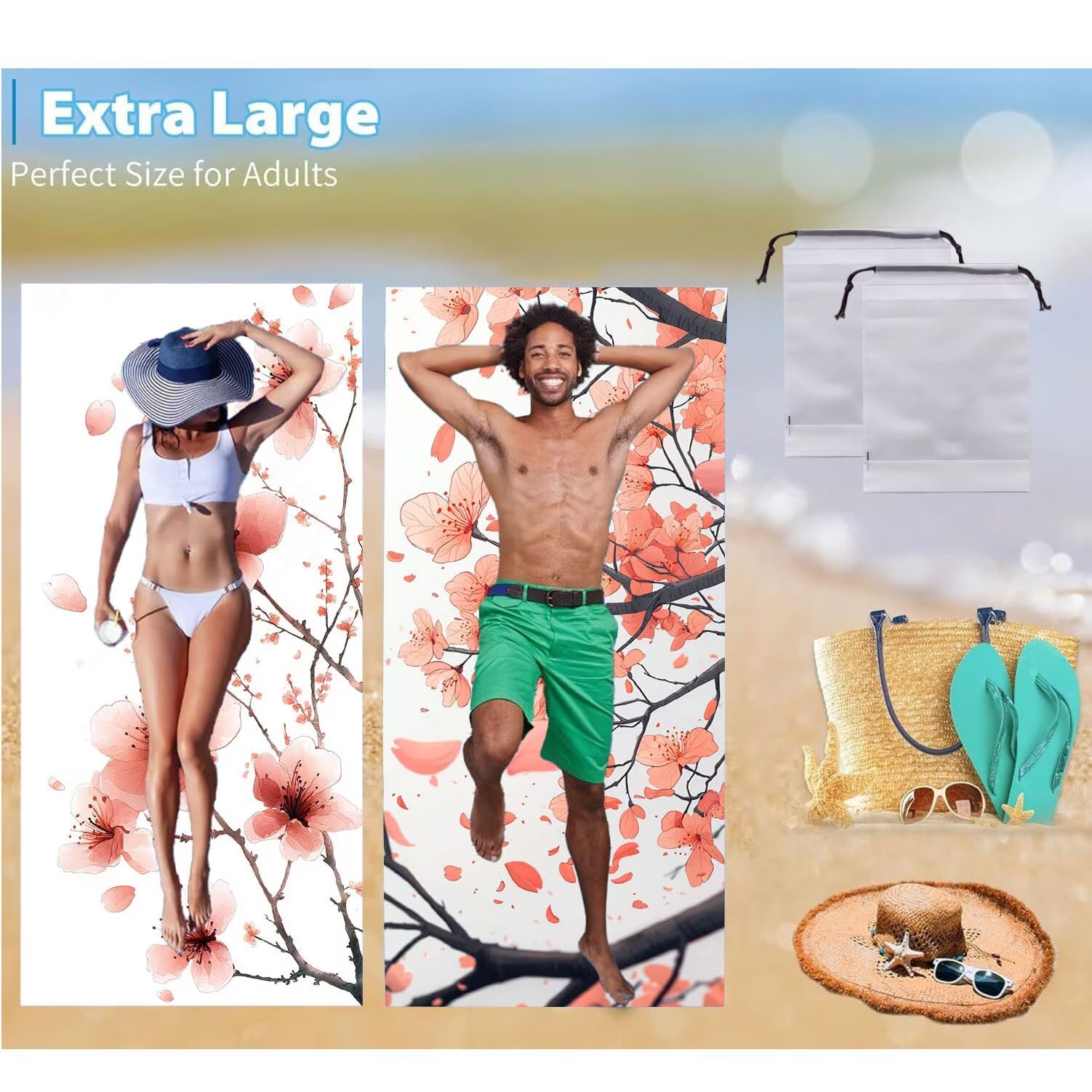 Ręcznik plażowy xxl 2 opakowania Duży ręcznik plażowy z mikrofibry 80 x 160 cm odporny na piasek, szybkoschnący, chłonny ręcznik kąpielowy, letni prezent dla kobiet (kwiaty wiśni) B1028