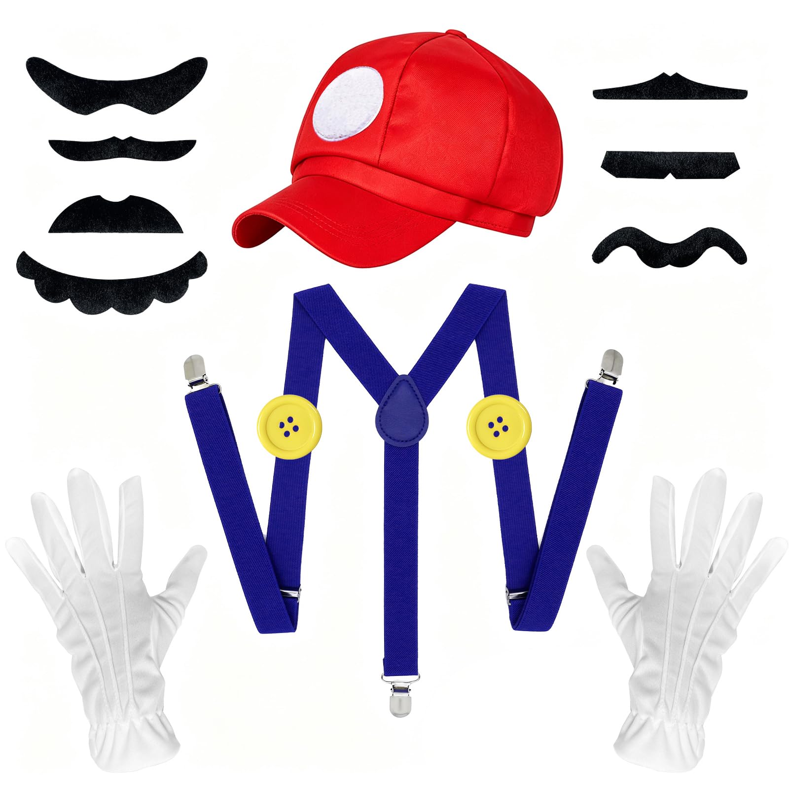 Driflo Mario Costume, Mario Clothing, Cosplay Costume Accessories Kits for Adult, 13Pcs with Hats Cap, Mustaches, White Gloves Anime Cosplay Costume for Women Men