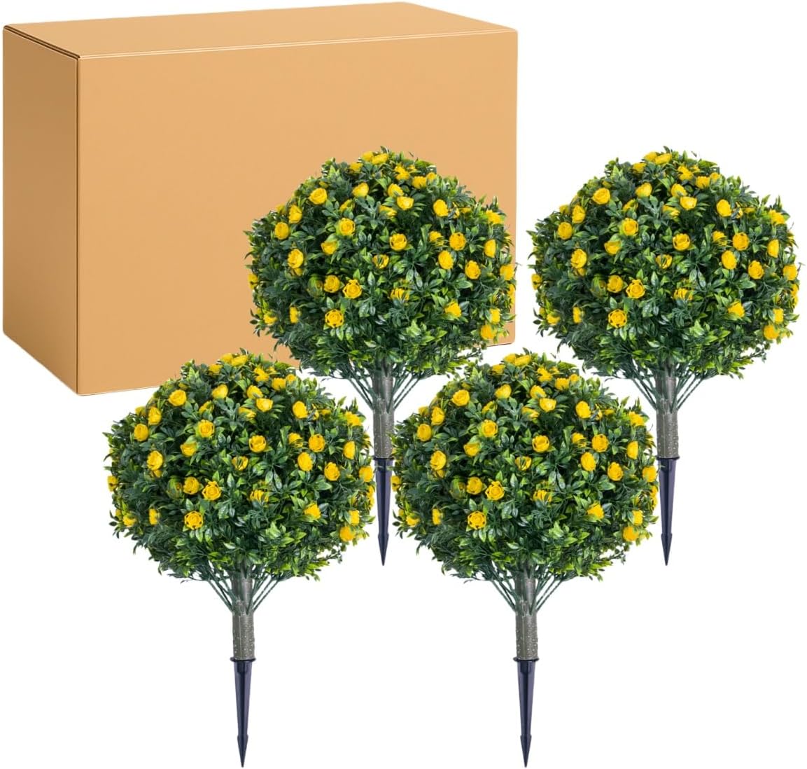 2 FT Artificial Topiary Flower Ball Trees with Ground Spike, Set of 4 Fake Rose Flowers Shrubs with Stake for Outdoor,Yellow