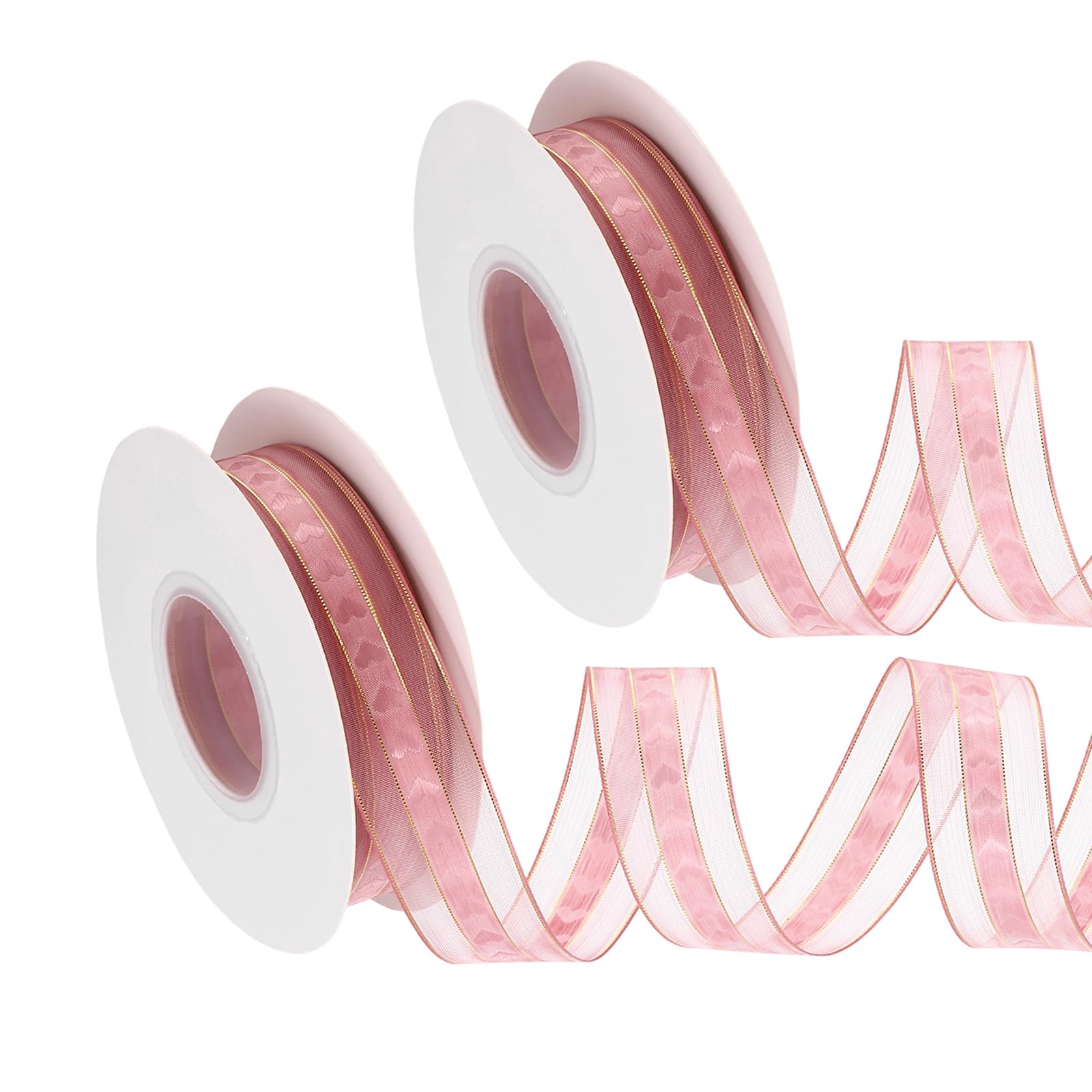 DEFANEX 2pcs Sheer Organza Ribbon (2.2cm x 22 Meters) - Love Heart with Chiffon Yarn Silk Ribbon Edge, for Gift Wrapping Wedding Birthday Bouquet Crafts DIY Decor, Pink