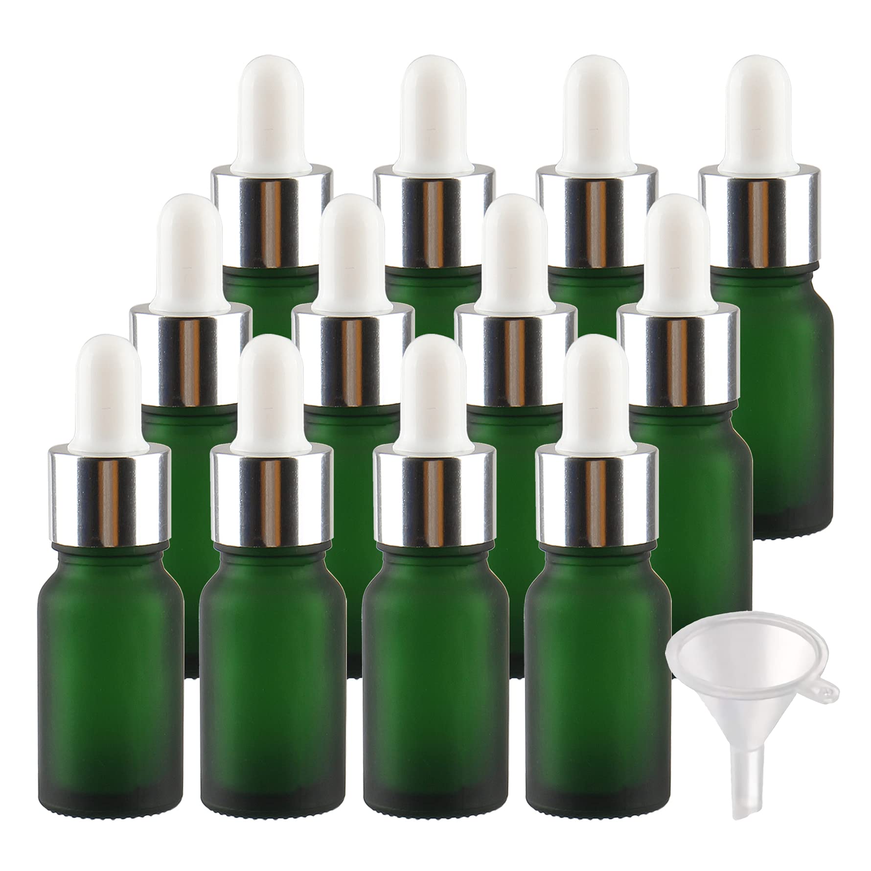 24 Pezzi Verde Opaco Bottiglie Contagocce in Vetro 10 ml, Ambra Vuoto Flaconi con Pipetta Contagocce d'argento, per Olio Essenziale, Aromaterapia con Imbuti