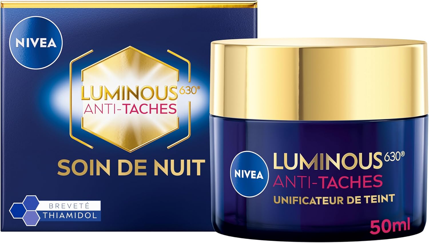 NIVEA Luminous 630 Soin de nuit (1×50 ml), Crème de nuit anti taches pigmentaires au Thiamidol & Acide Hyaluronique, Soin visage anti-âge perfecteur de teint, crème visage hydratante