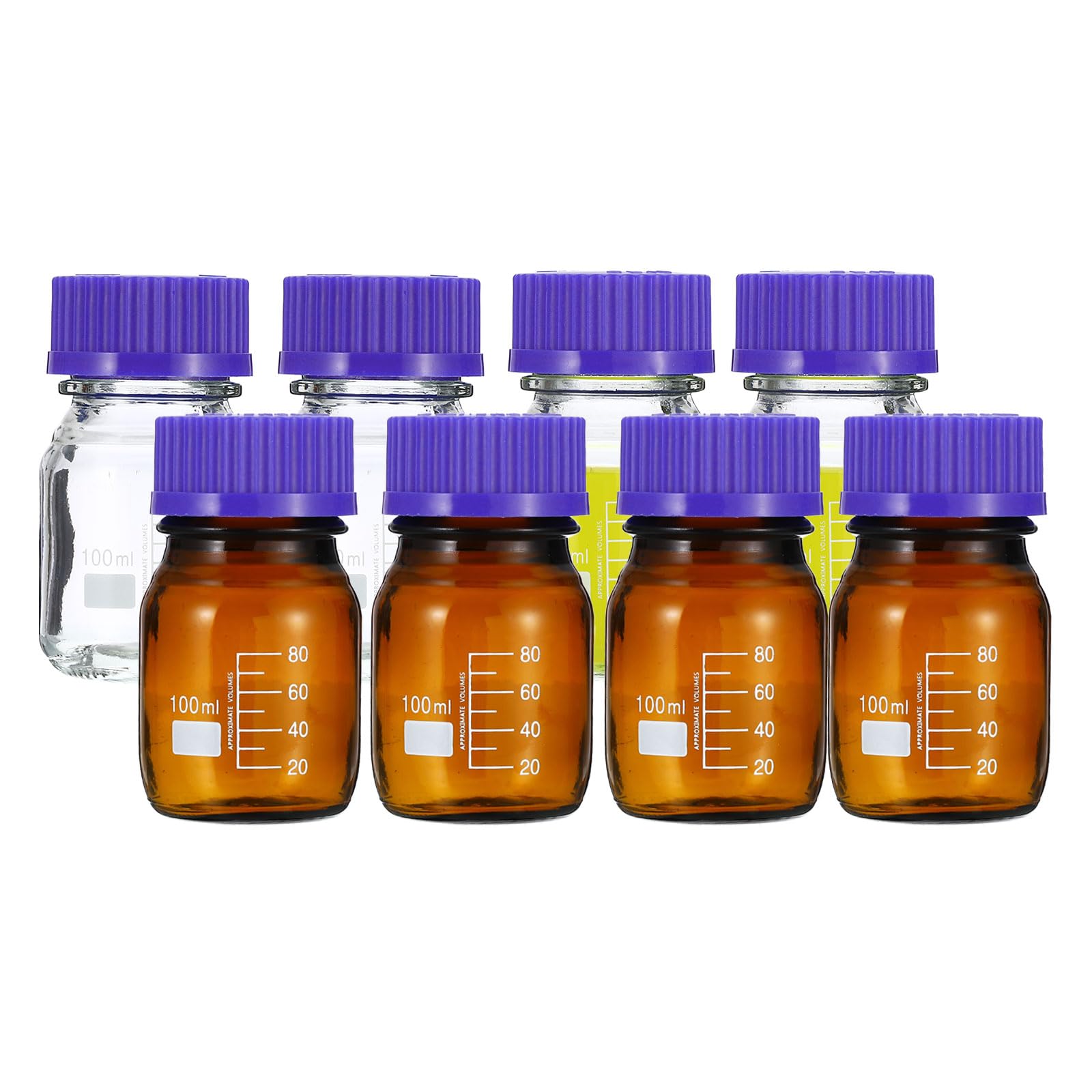 PATIKIL Flacone campione da 100 ml, confezione da 8 bottiglie per reagenti, in vetro borosilicato, rotonde graduate, con tappo a vite GL45 blu, per liquidi reagenti d'acqua di laboratorio, marrone