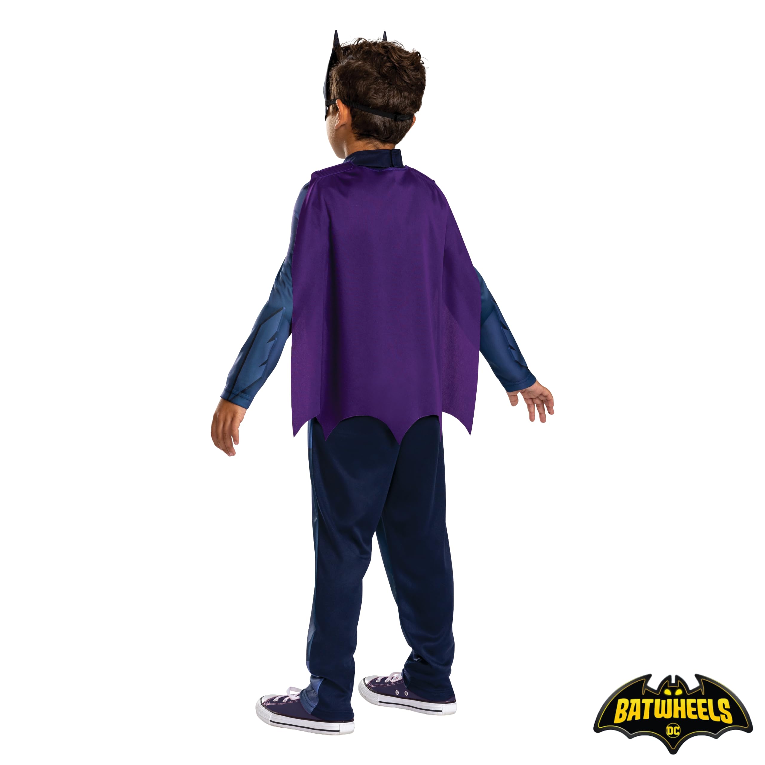 Batwheels Costume da Batman per bambini, ufficiale Batman di Disguise, con petto imbottito blu scuro con emblema pipistrello, include mantello viola e mezza maschera, per età 3-4 e 4-6 anni