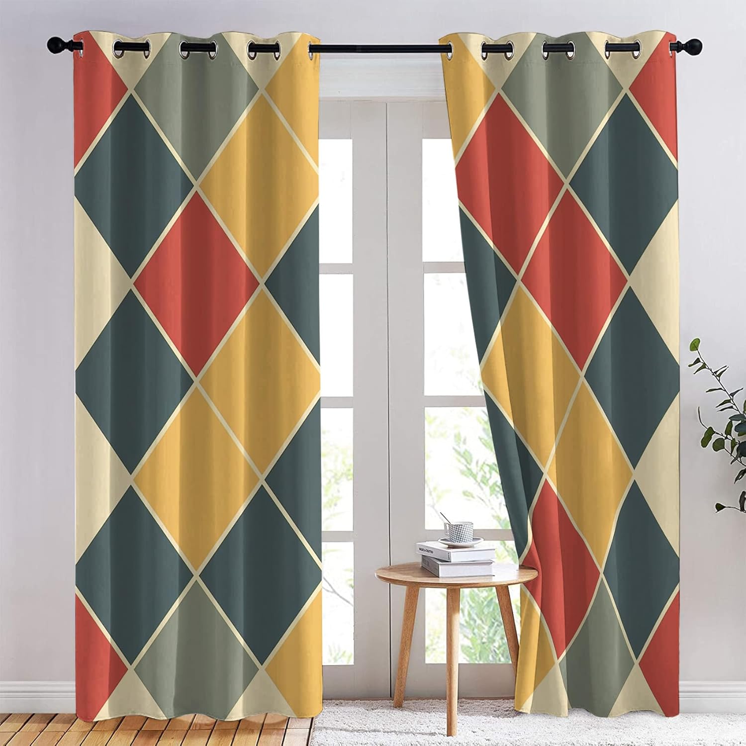 Geometric Diamond Curtains for Bedroom - 63 Inch Length 2 Panels Set, Squares Blackout Curtains for Living Room, Room Darkening Thermal Curtains & Drapes, Grommet Window Treatments