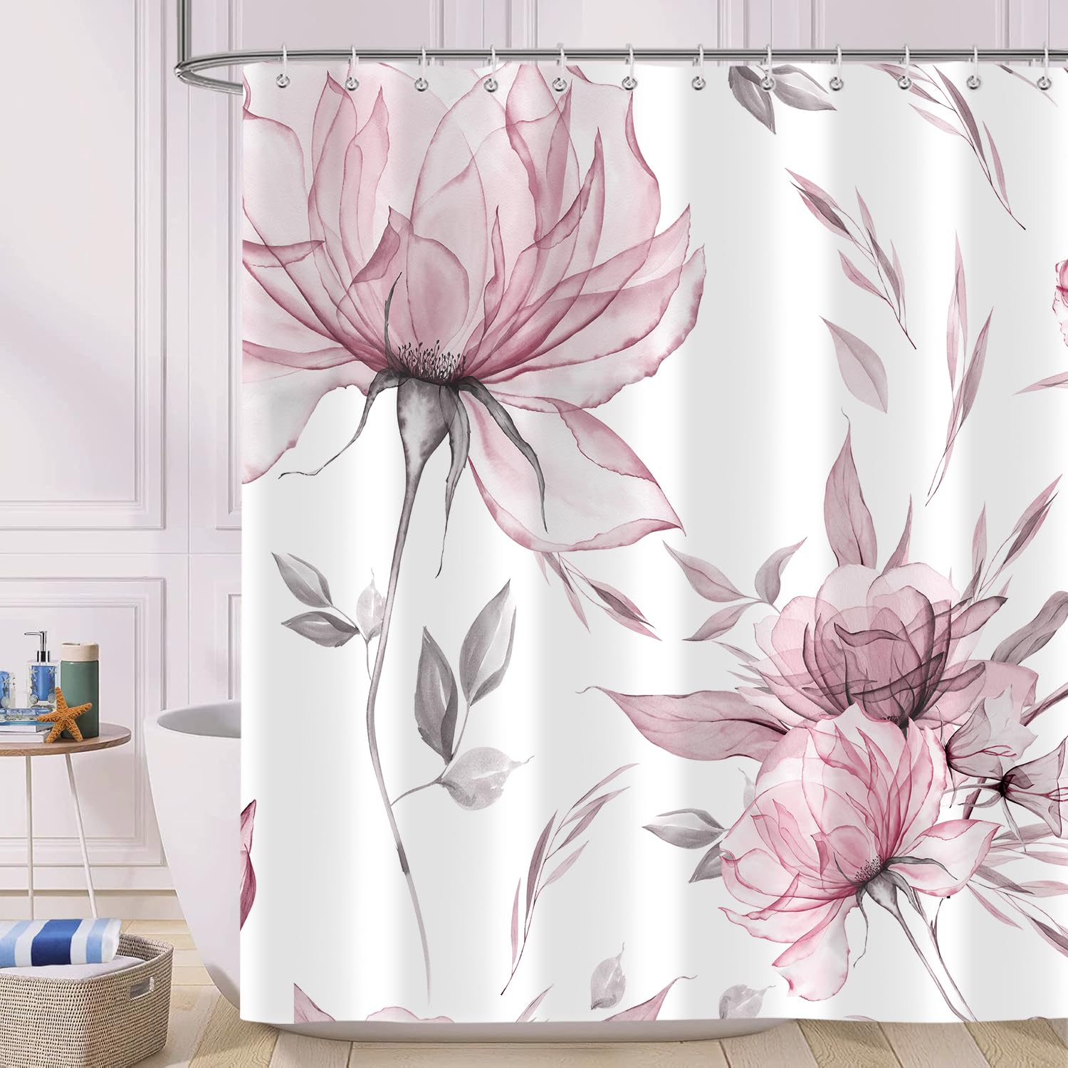Pink Grey Watercolor Floral Shower Curtain 72x72 Inch – Minimalist Bathroom Decor With 12 Hooks - View #2