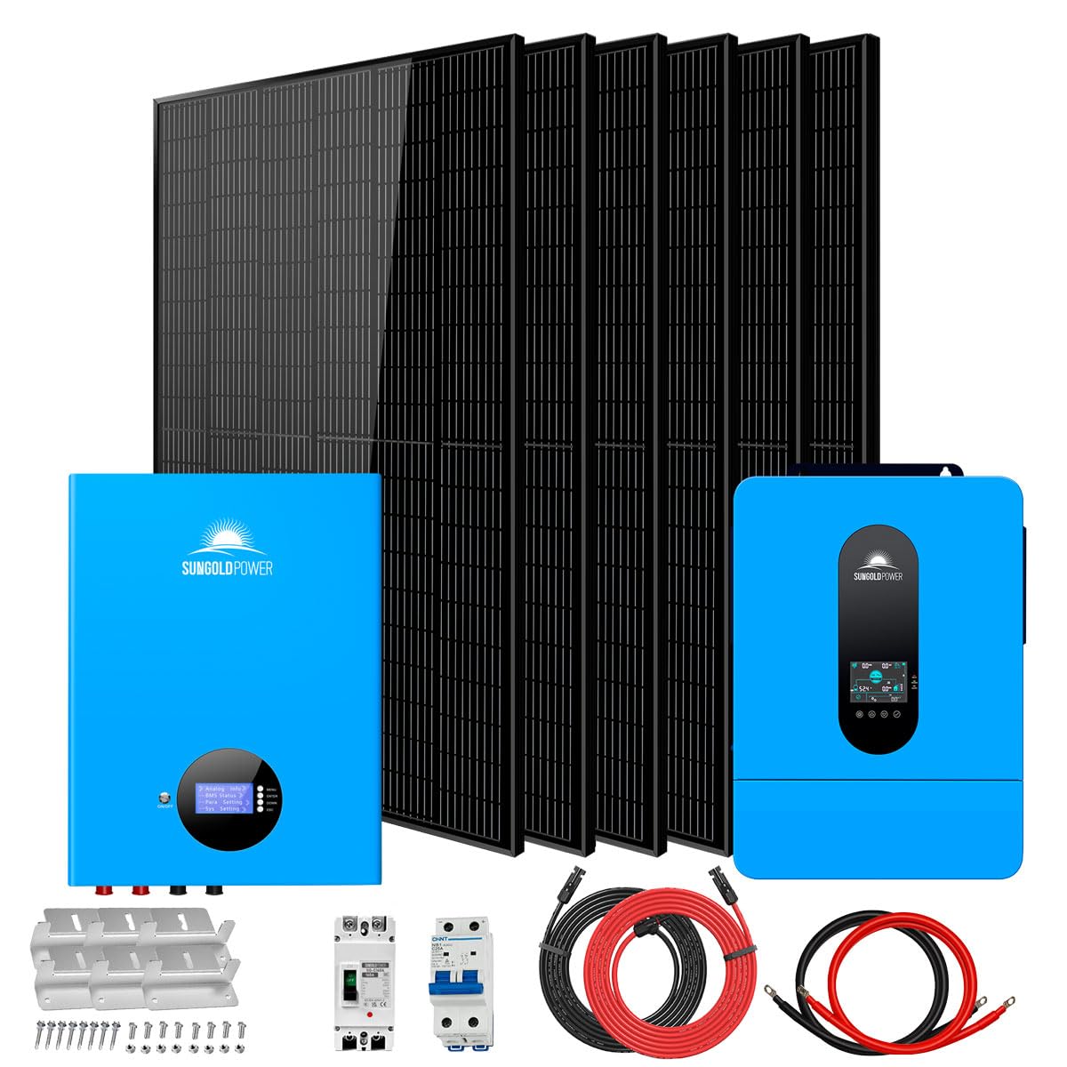SUNGOLDPOWER 6500W Off Grid System Complete Solar Kit, 1 * 6500W 120/240Vac Solar Inverter UL1741+6 * 370W Mono Solar Panels + 1 * 100Ah 51.2V Lifepo4 Battery UL1973, for House Storage (SGM-655M)