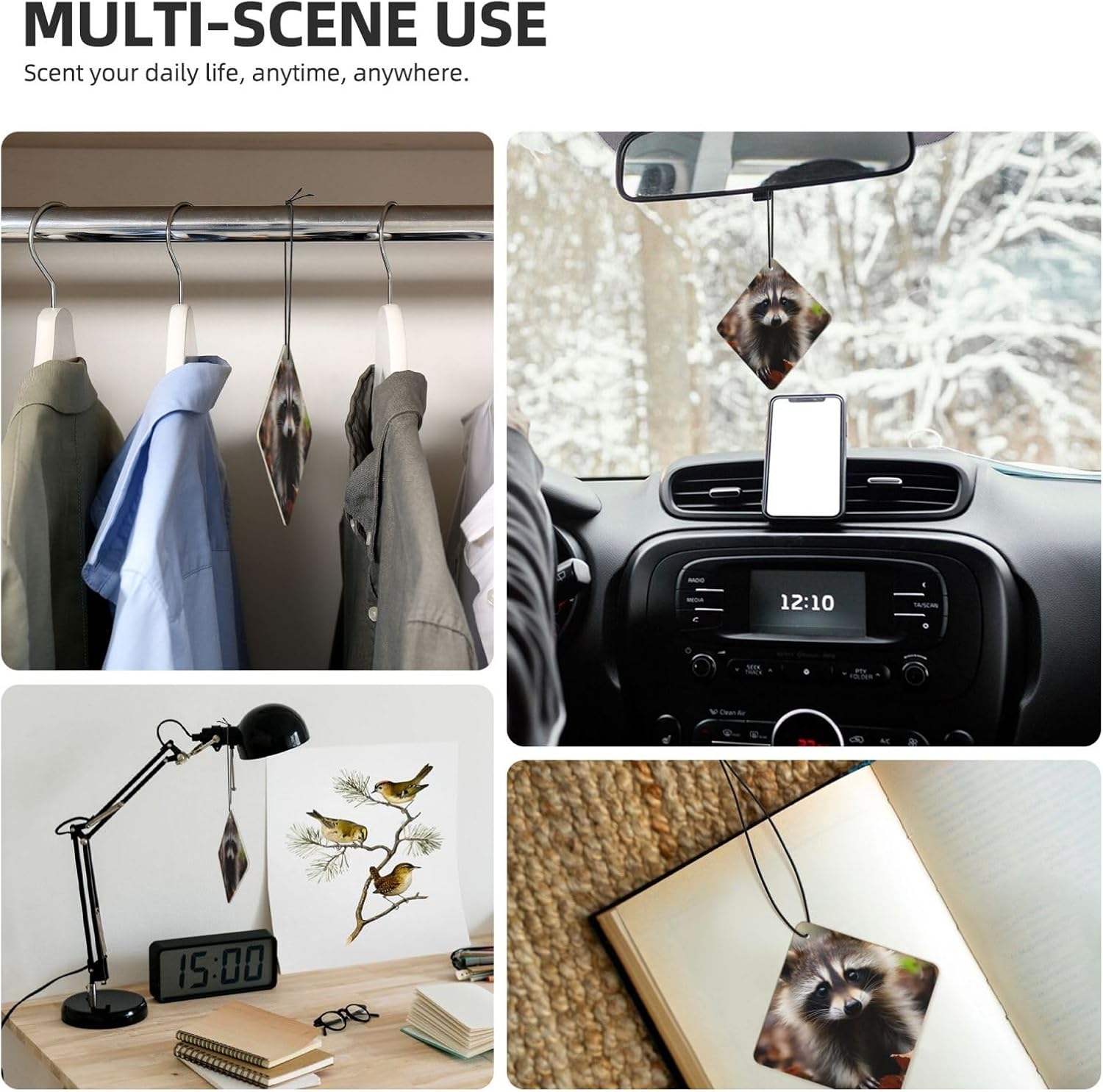 Car Air Freshener 24 PCS Cute Raccoon Hanging Car Air Fresheners Auto Interior Decor Card Freshener Strong Scented Card Lavender Cars Scents for Office Bedroom Close Drawer Square