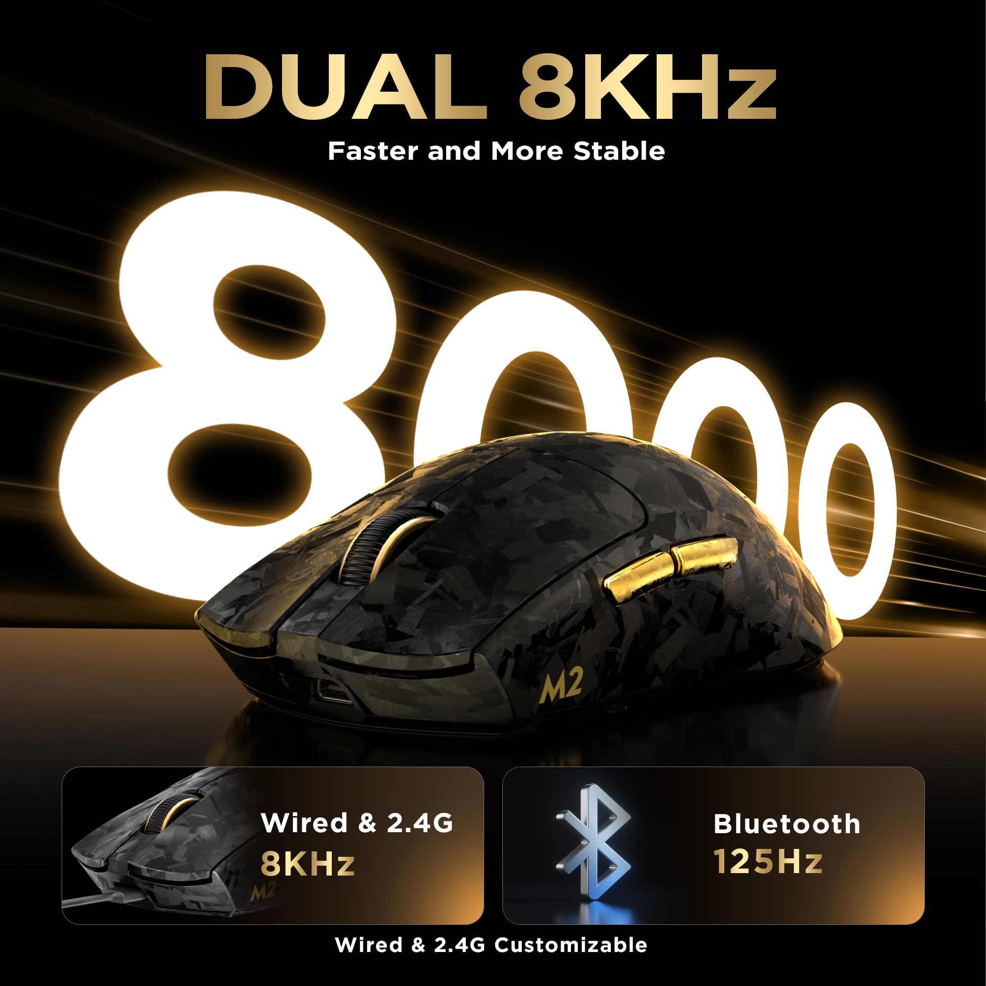 YUNZII M2 Mouse Wireless Gaming Doppio 8K, PAW3395, 6-Level DPI (Nero) | Fino 30000 DPI, 65g, Vernice Effetto Fibra di Carbonio, Personalizzazione Tramite Software, USB-C/BT/2,4 GHz, Batteria 500mAh