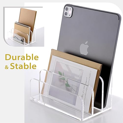 Miniatura 6 de SANRUI Organizador de archivos de correo de acrílico para escritorio, 3 compartimentos verticales, soporte vertical de escritorio transparente
