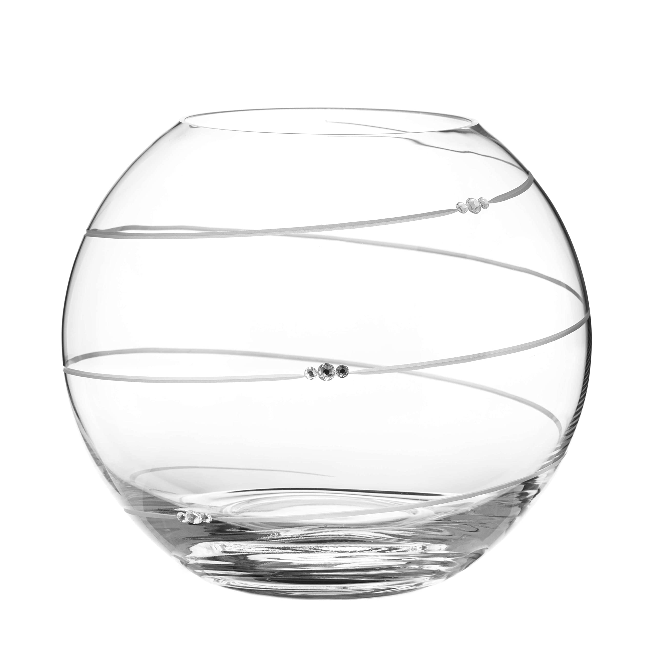 Diamante Clear Sphere Vase With Hand Cut Swirl With Crystals - Decorated Round Vase Globe Fish Bowl Shape Ideal For Bouquets And Other Decorations - 20Cm