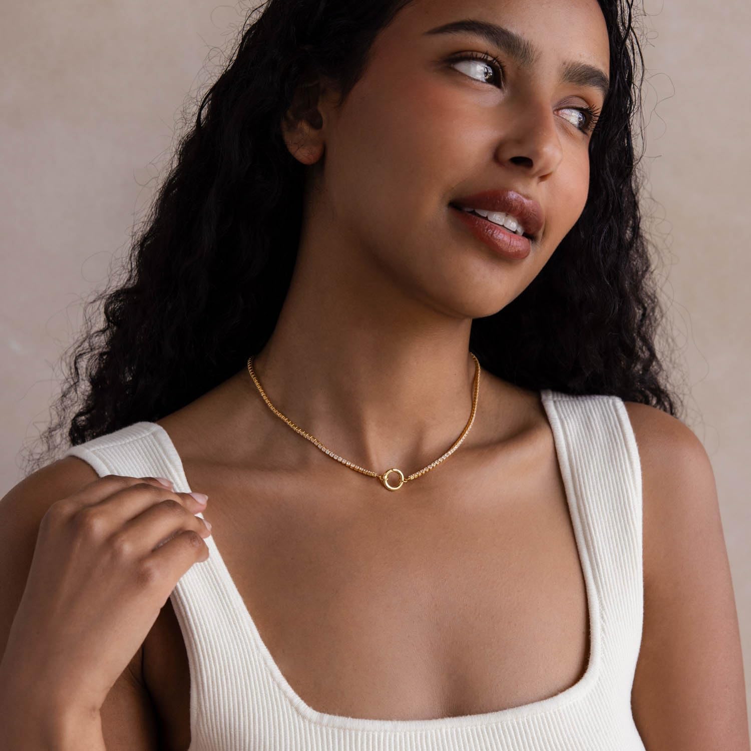 Charm Holder Necklace 16 Inch, CZ Diamond Teniss Choker Necklace, Dainty Gold Cable Chain, Minimalist Stacking Jewelry for Women, 18K Gold Plated Silver Gift
