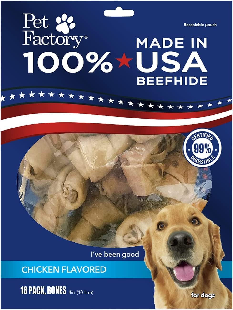 Pet Factory100% Made in USA Beefhide 4" Knotted Bones Dog Chew Treats - Chicken Flavor, 18 Count/1 Pack