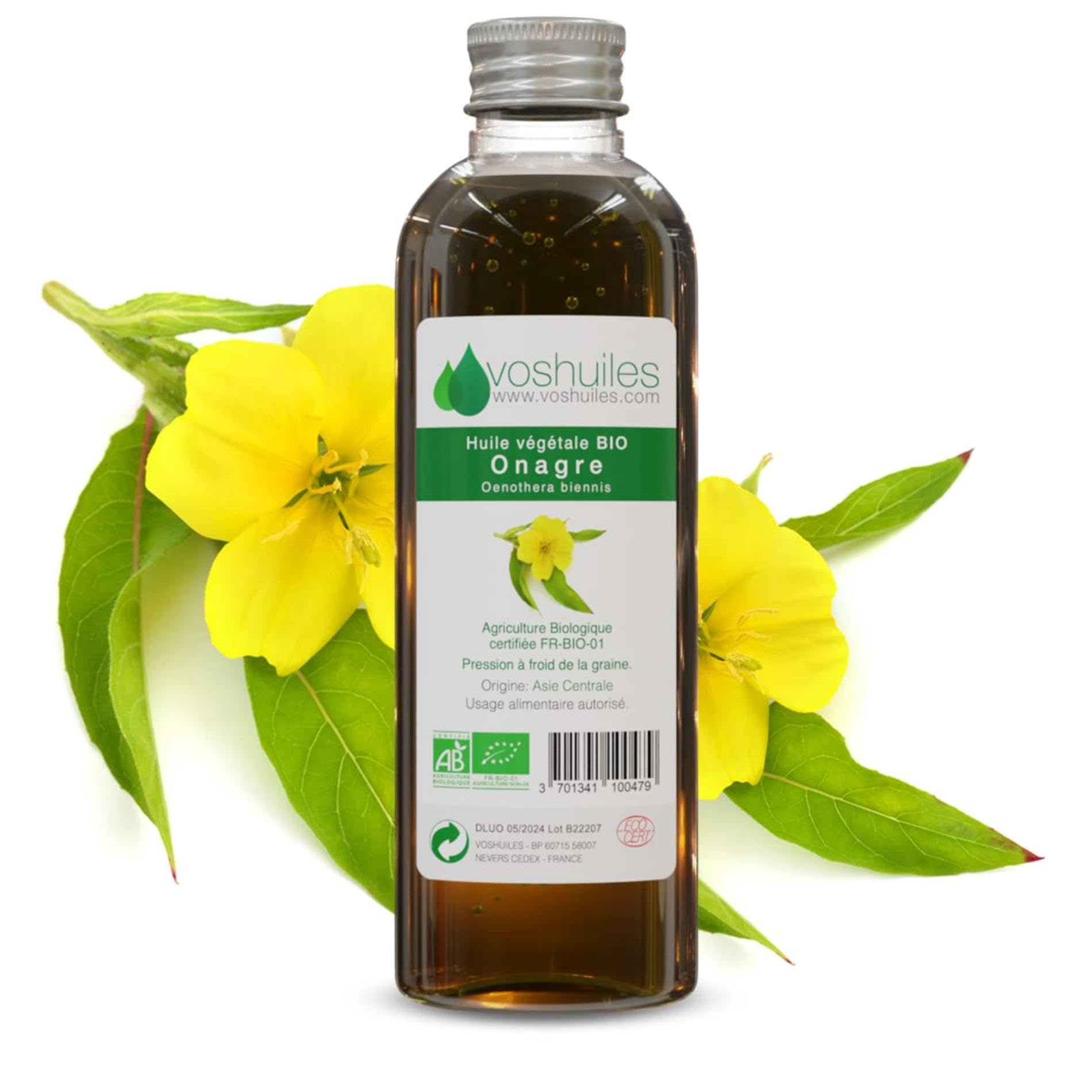 VOSHUILES - Huile Végétale d'Onagre - Soin Nutritif pour Peaux Matures et Sensibles - Riche en Acides Gras et Omégas - Pression à Froid - Pur et Naturel - 250ml