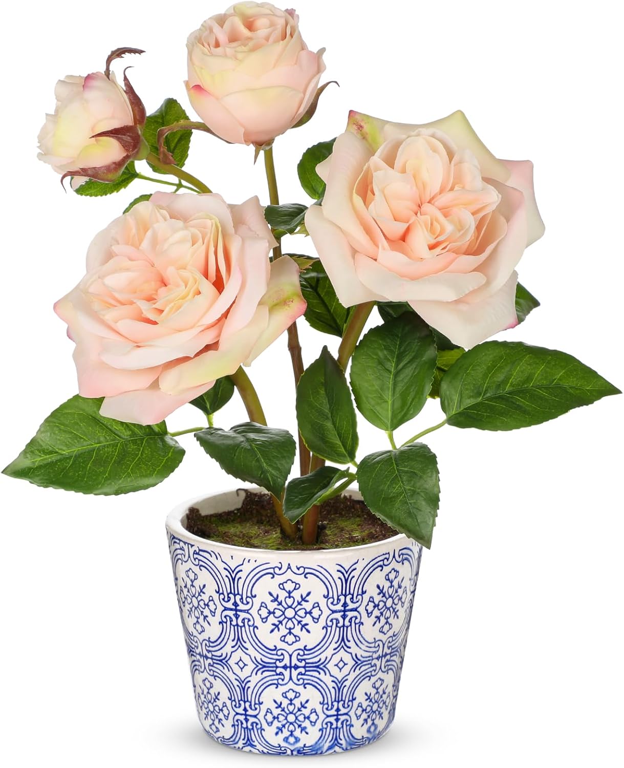 Hollyone Light Pink Real Touch Roses Artificial Flowers in Vase Blue and White Porcelain Ceramic Pot 13.4" Fake Roses Flower Arrangement Artificial Plants & Flowers Potted Plant Faux Silk Rose Flower