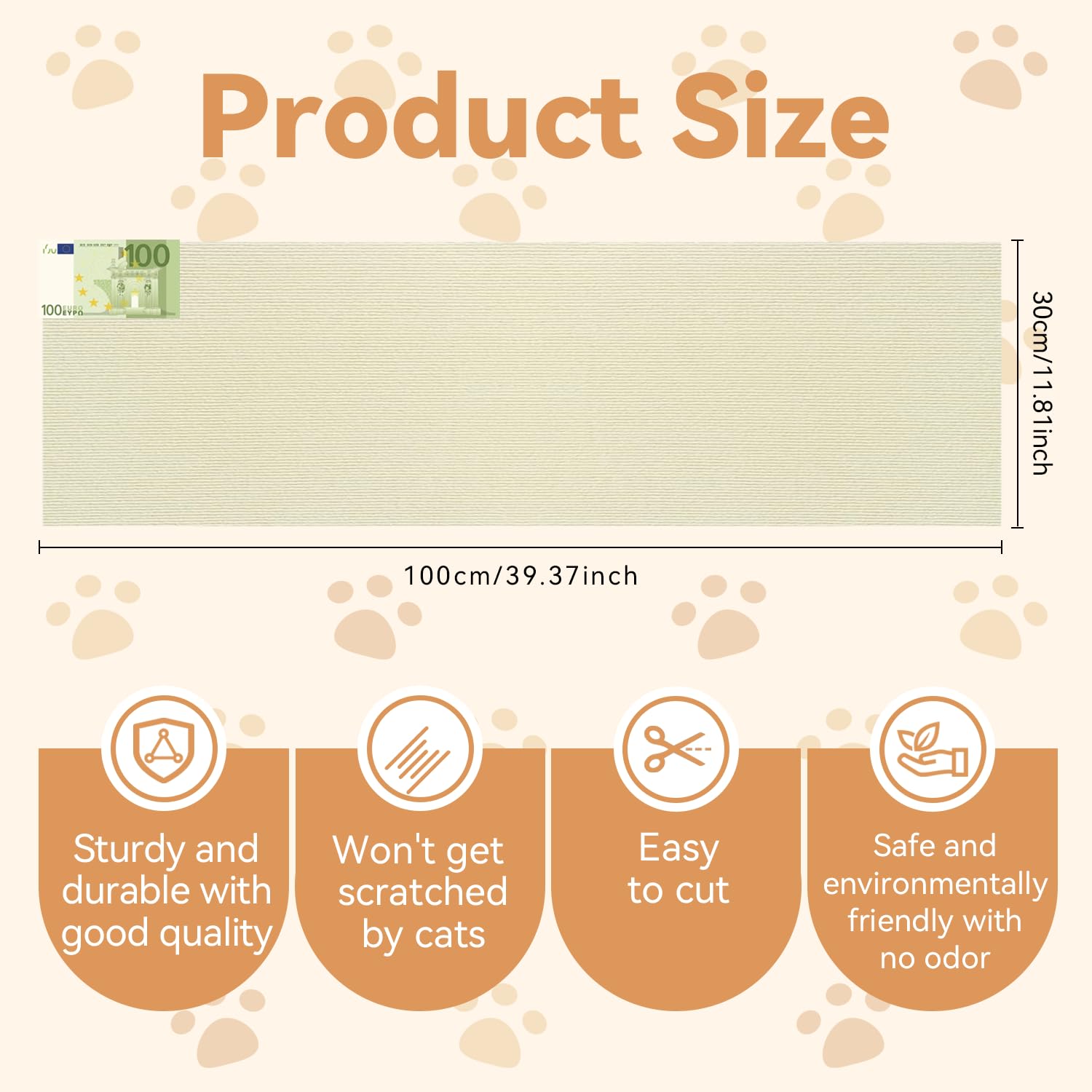 Protezione Divano Graffi Gatto, Tappeto Tiragraffi per Gatti Autoadesivo 100x30cm, Riutilizzabile e Tagliabile, Ideale per Divani, Mobili e Pareti, Tiragraffi divano, Sisal e Moquette (beige)