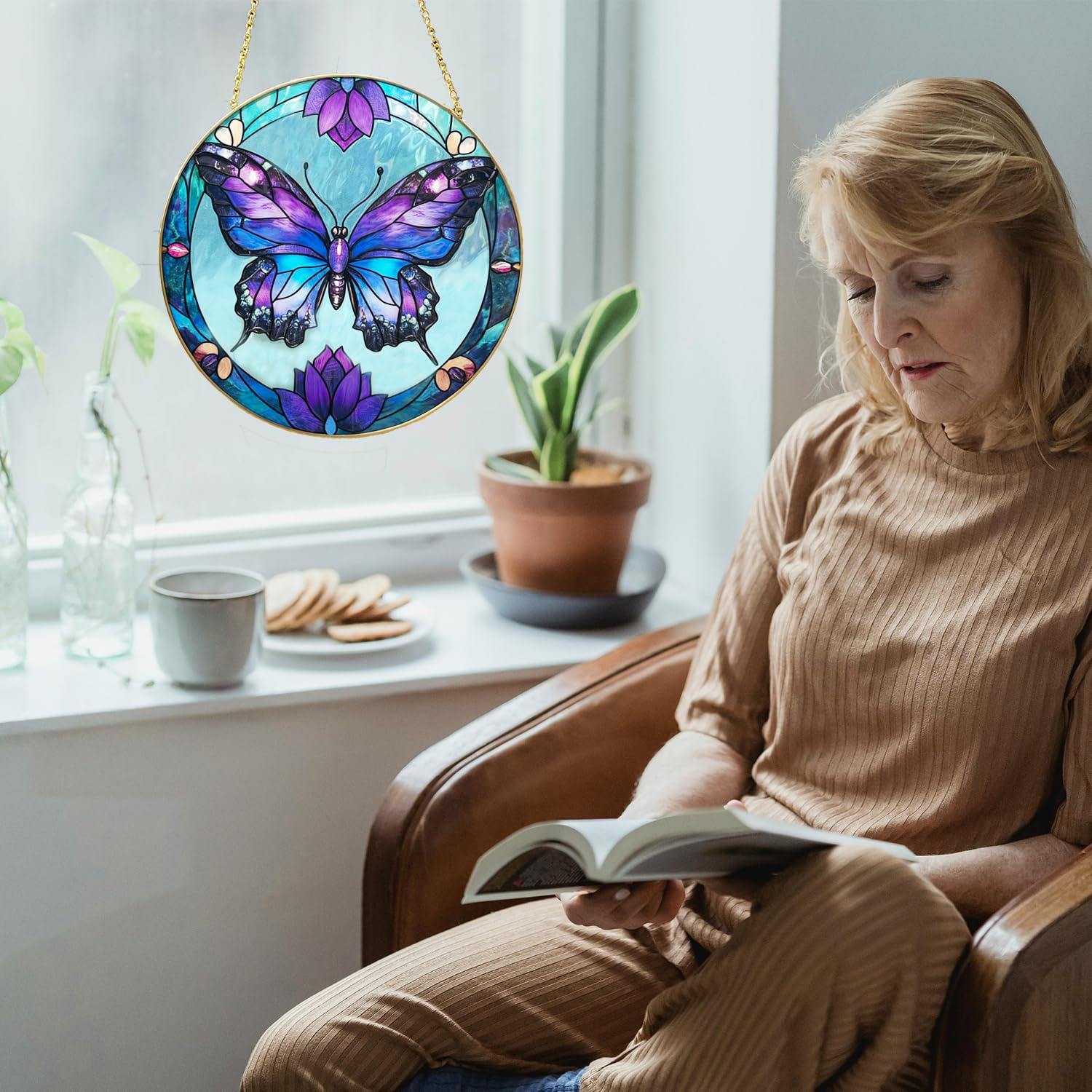 Schmetterling Buntglas Fensterbehang, 19,8 cm, handbemalt, Sonnenfänger, Glasscheibe, Wandkunst, Dekor mit Kette, Schmetterlings-Geschenke für Frauen, Mutter, Oma, Außen- und Innenbereich