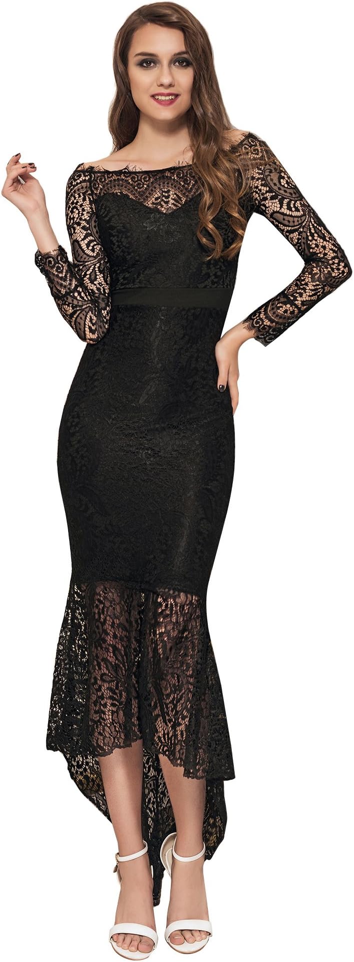 ohyeah Women Solid Formal Lace Maxi Dress Long Sleeve Off Shoulder Elegant Party Gown Mermaid Dress (X-Large, Black)