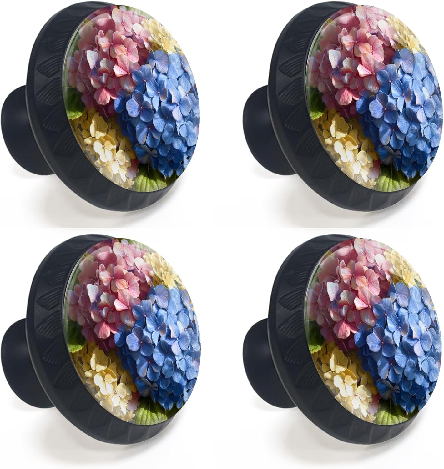 4 Pack Hydrangea Flowers Cabinet Knobs Round Drawer Pulls Black Dresser Knob Cupboard Door Handles Hardware for Kitchen Bathroom Cabinets