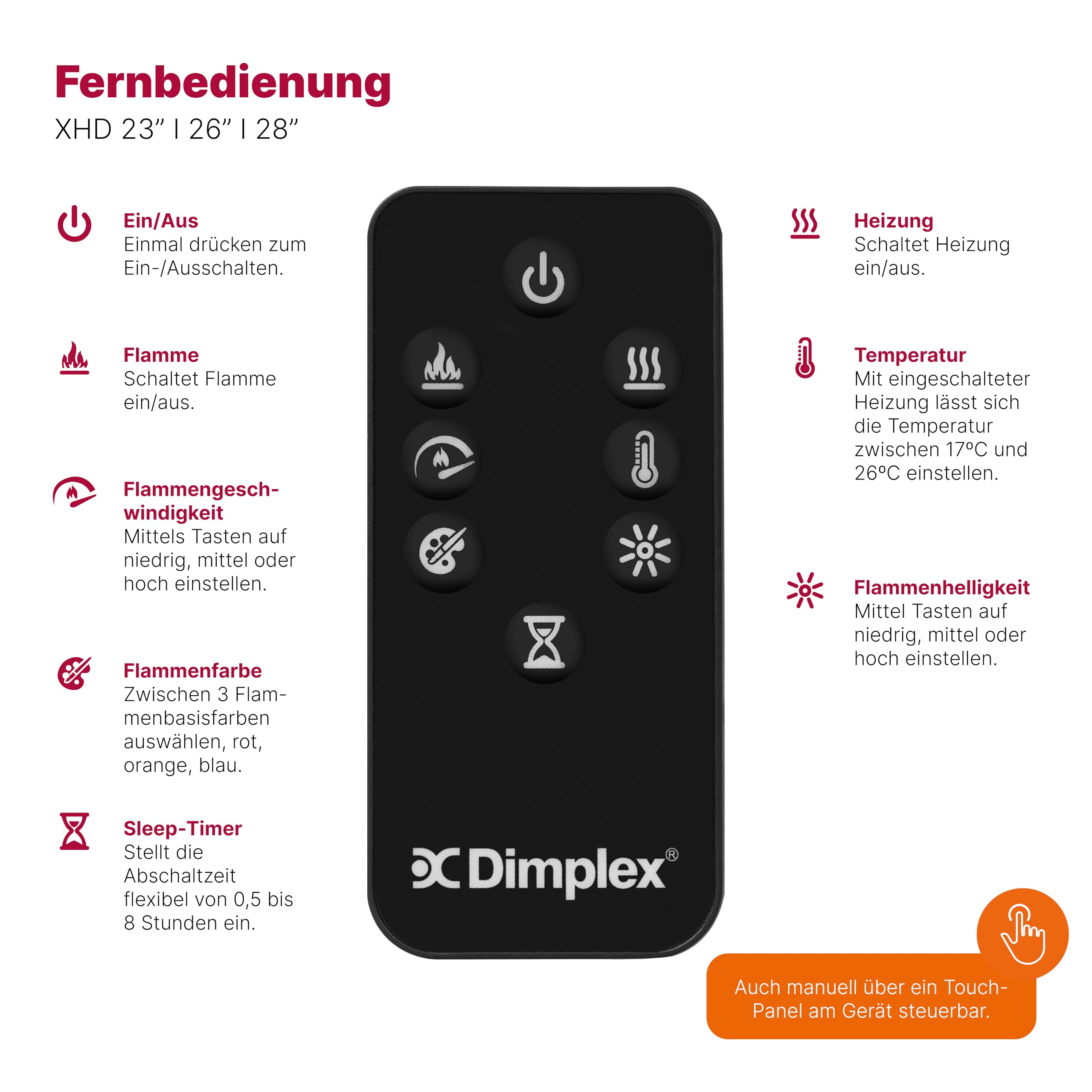 Dimplex XHD 26'' Elektrokamin Einsatz - Wandkamin - Elektrokamin mit Heizung - 1400W - Kamineinsatz Elektrisch mit LED Optiflame Flammeneffekt - Zuschaltbare Heizung - Mit Fernbedienung