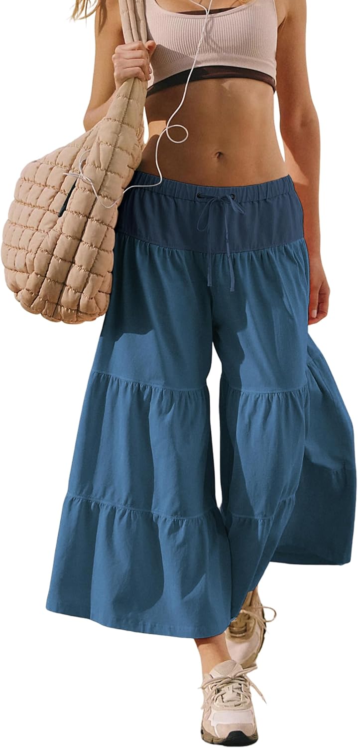 Hooever Women Wide Leg Palazzo Pants Flowy Boho Drawstring Waist Ruffle Hem Capris Bloomer Trousers
