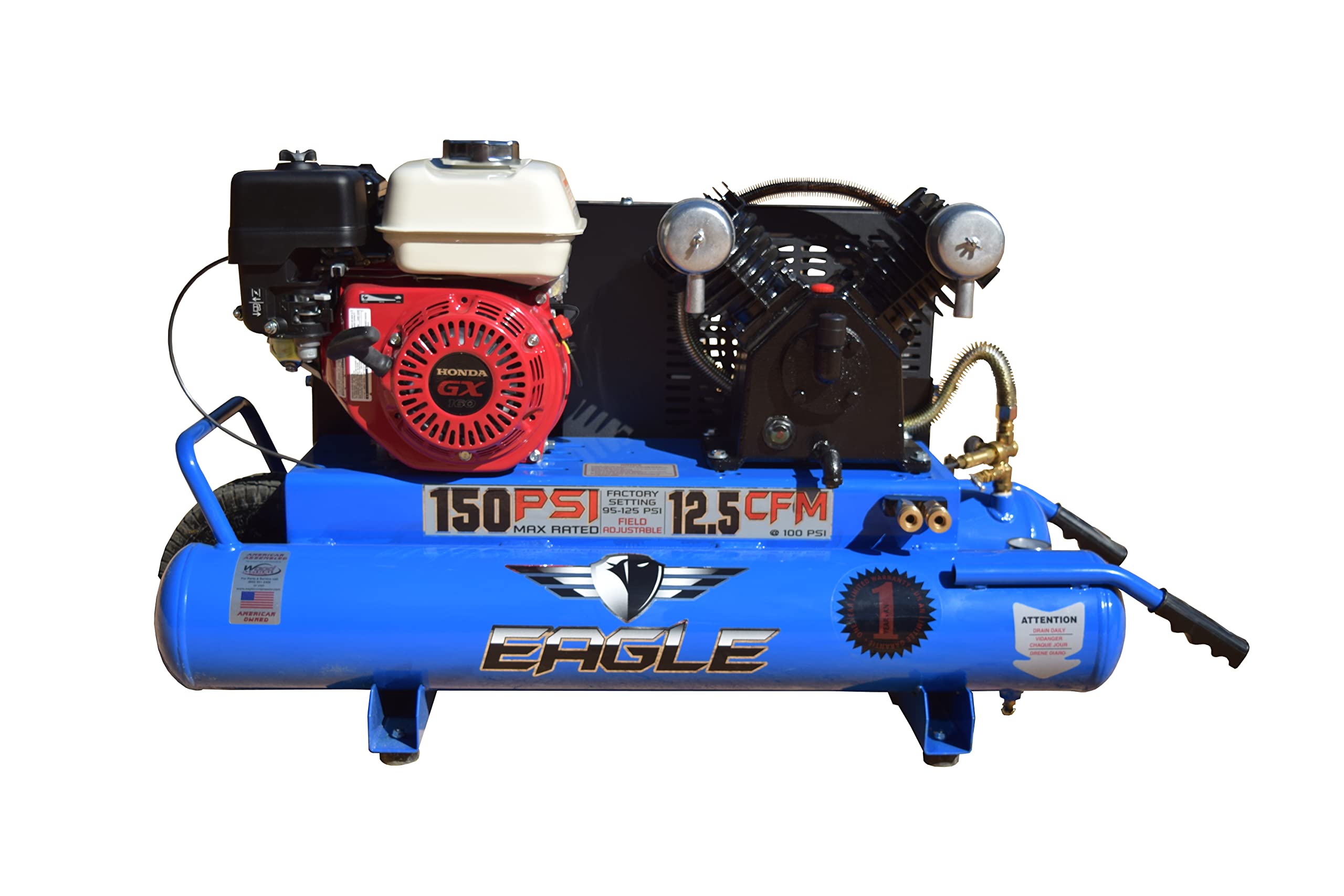 Eagle 5.5HP Honda Air Compressor, Twin Tank Wheelbarrow 12.5CFM @100psi (150psi max)