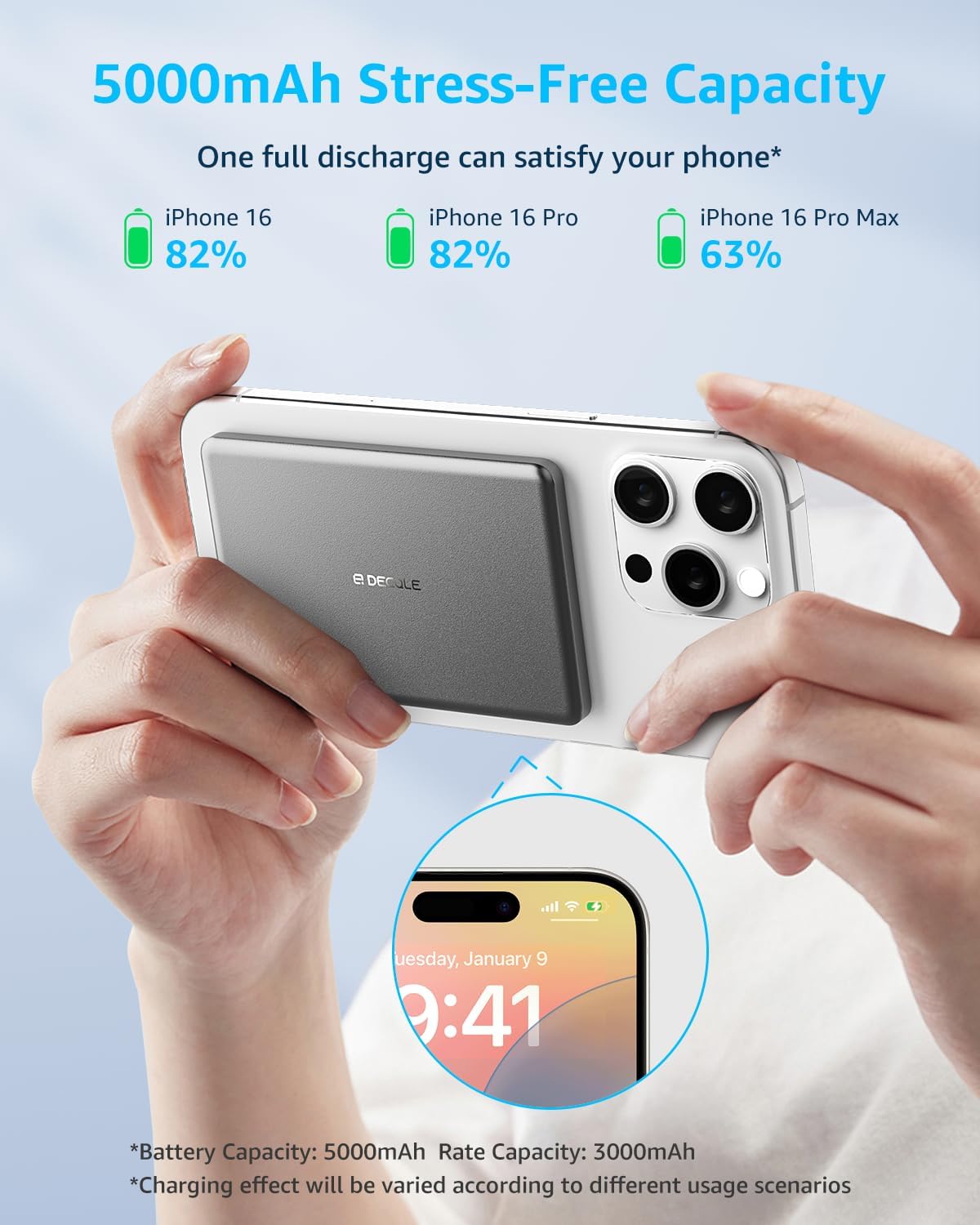 “Air” Power Bank for MagSafe 5000mAh, Ultra Slim Magnetic Wireless Portable Battery Charger Case with USB-C Cable, Compatible with iPhone 17/16/15/14/13/12 Series Only (Grey) - Image 3