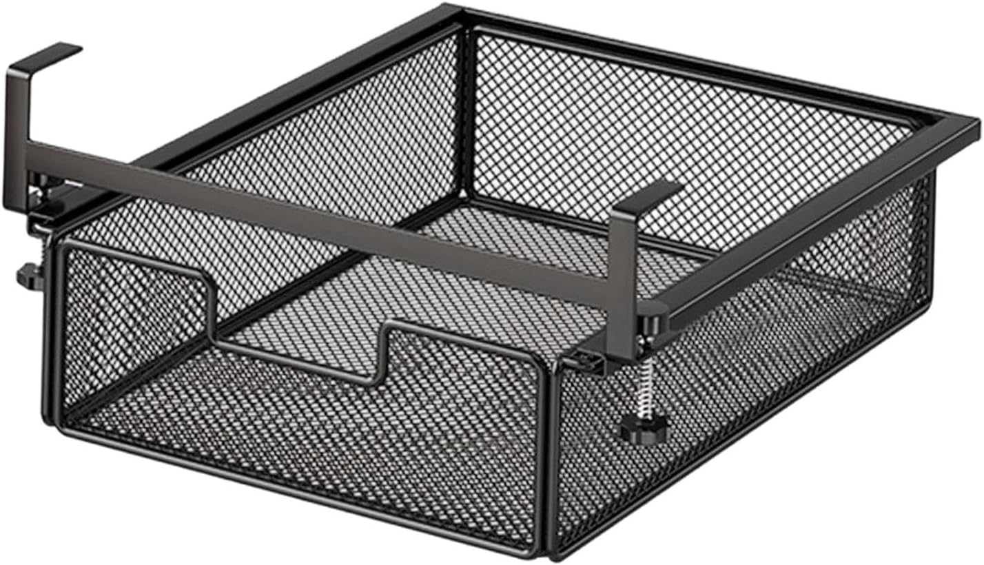 under Desk Drawer Basket Clamp on Large Capacity Mesh Metal Accessories Tray Invisible Organizer, Black S
