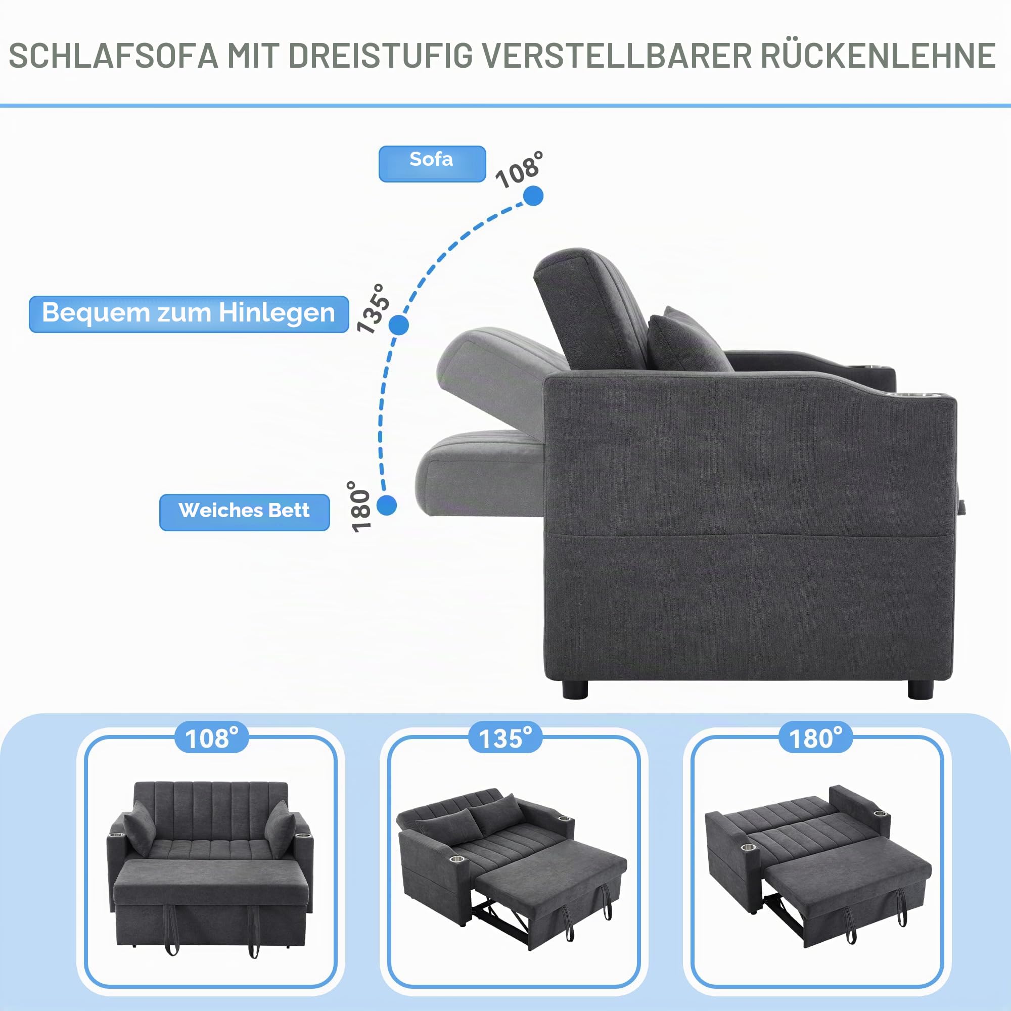 ZYLOYAL10 Modernes Multifunktionssofa, Schlafsofa, Schlafcouch mit Schlaffunktion, Doppelsofa mit Verstellbarer Rückenlehne, mit Getränkehalter und Kissen, geeignet für Wohnzimmer (Grau)