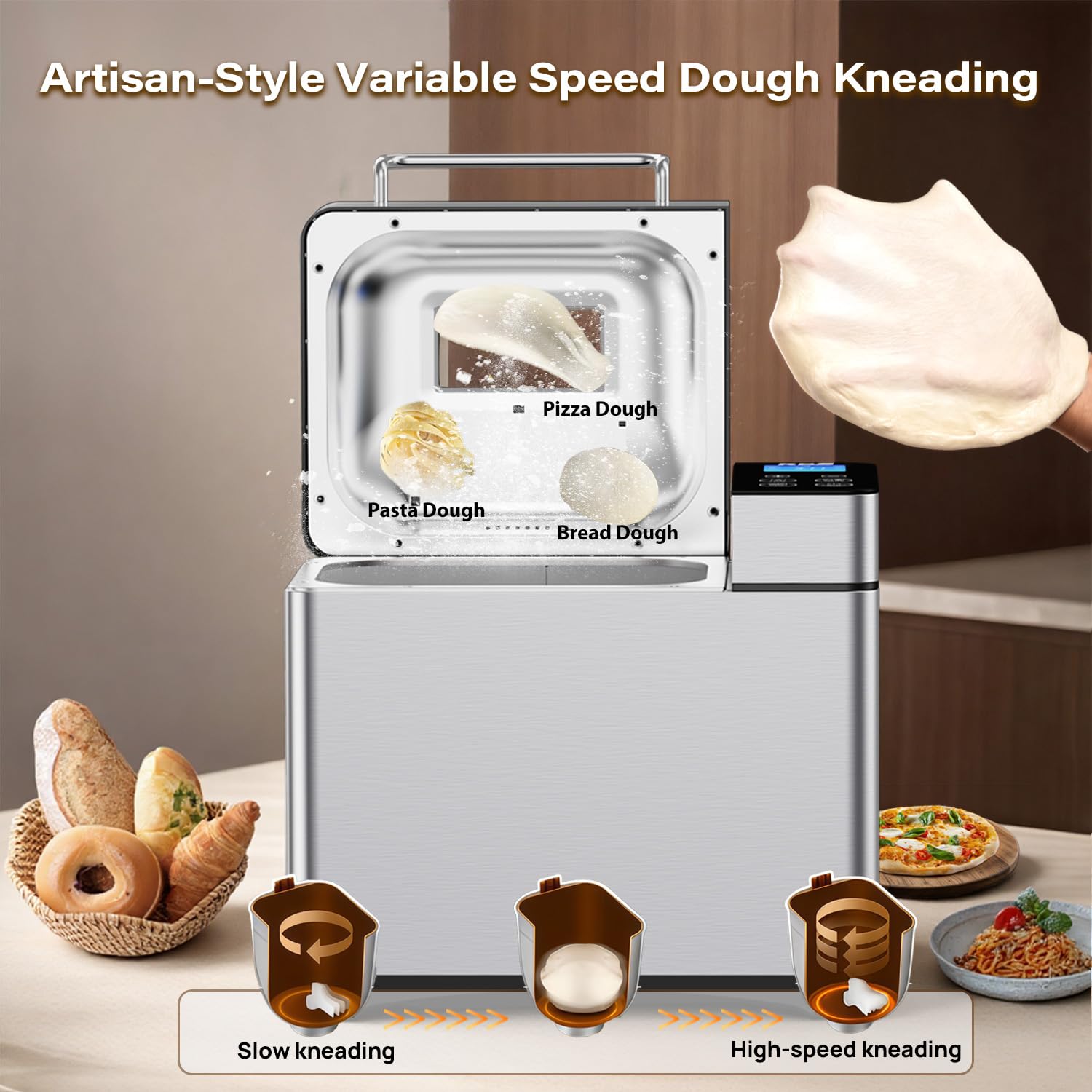 Máquina de pan Pro de acero inoxidable, 2 libras, 17 en 1, programable XL panificadora con dispensador de frutos secos, sartén de cerámica antiadherente y panel táctil digital, 3 tamaños de pan, 3 9