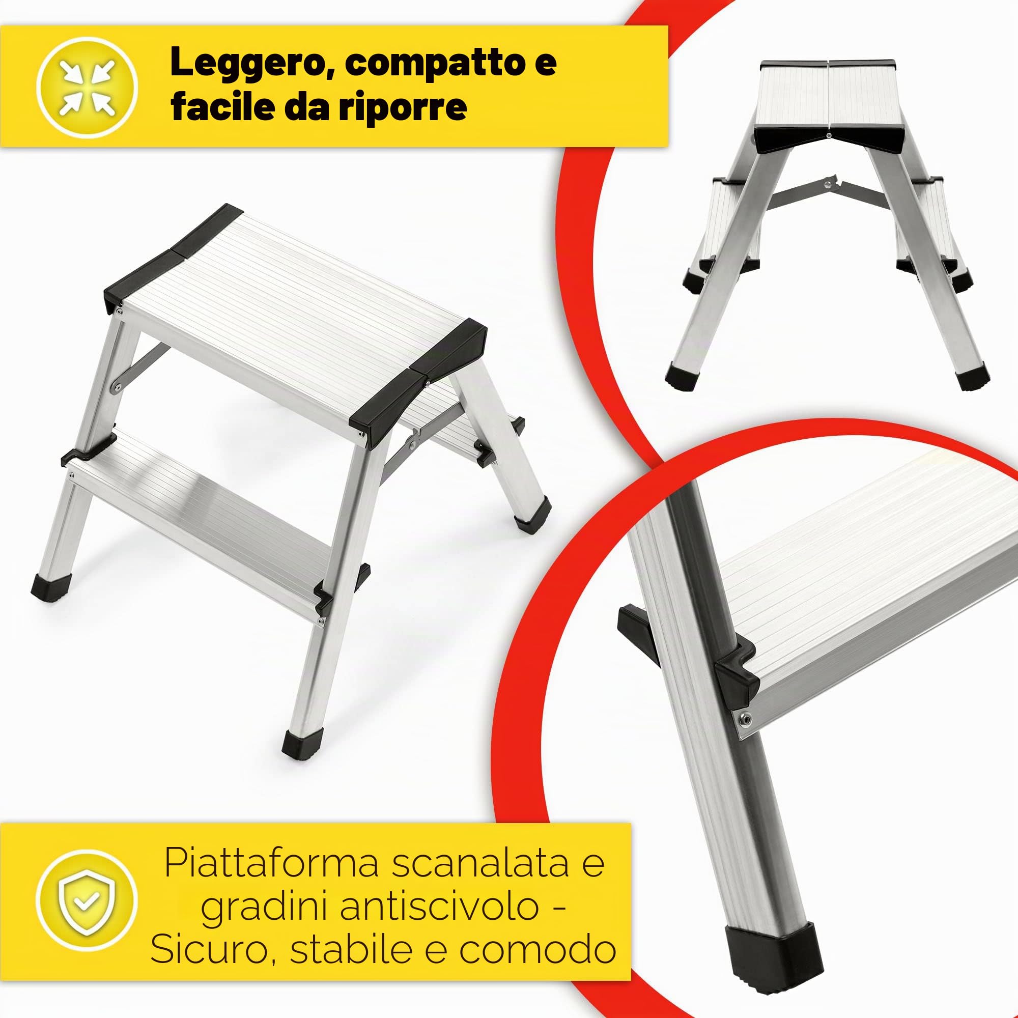 KADAX Scaletta Pieghevole in Alluminio, Scala Doppia a Pioli con Piattaforma Antiscivolo, Gradini Larghi e Struttura Leggera, Fino a 125 kg (2 Gradini)