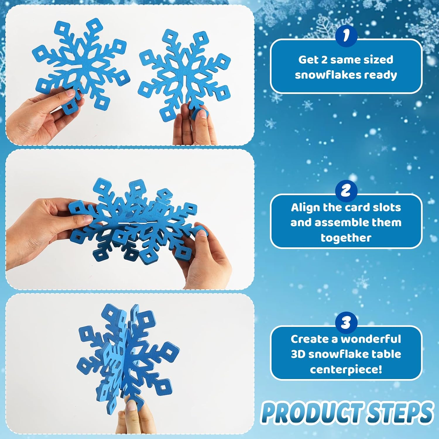 OuMuaMua 12 Sets Snowflake Christmas Table Decorations - 24pcs Blue Fuchsia Purple Sliver Wooden 3D Snowflake Decor Tabletop Centerpieces for Christmas Party Supplies Home Decor
