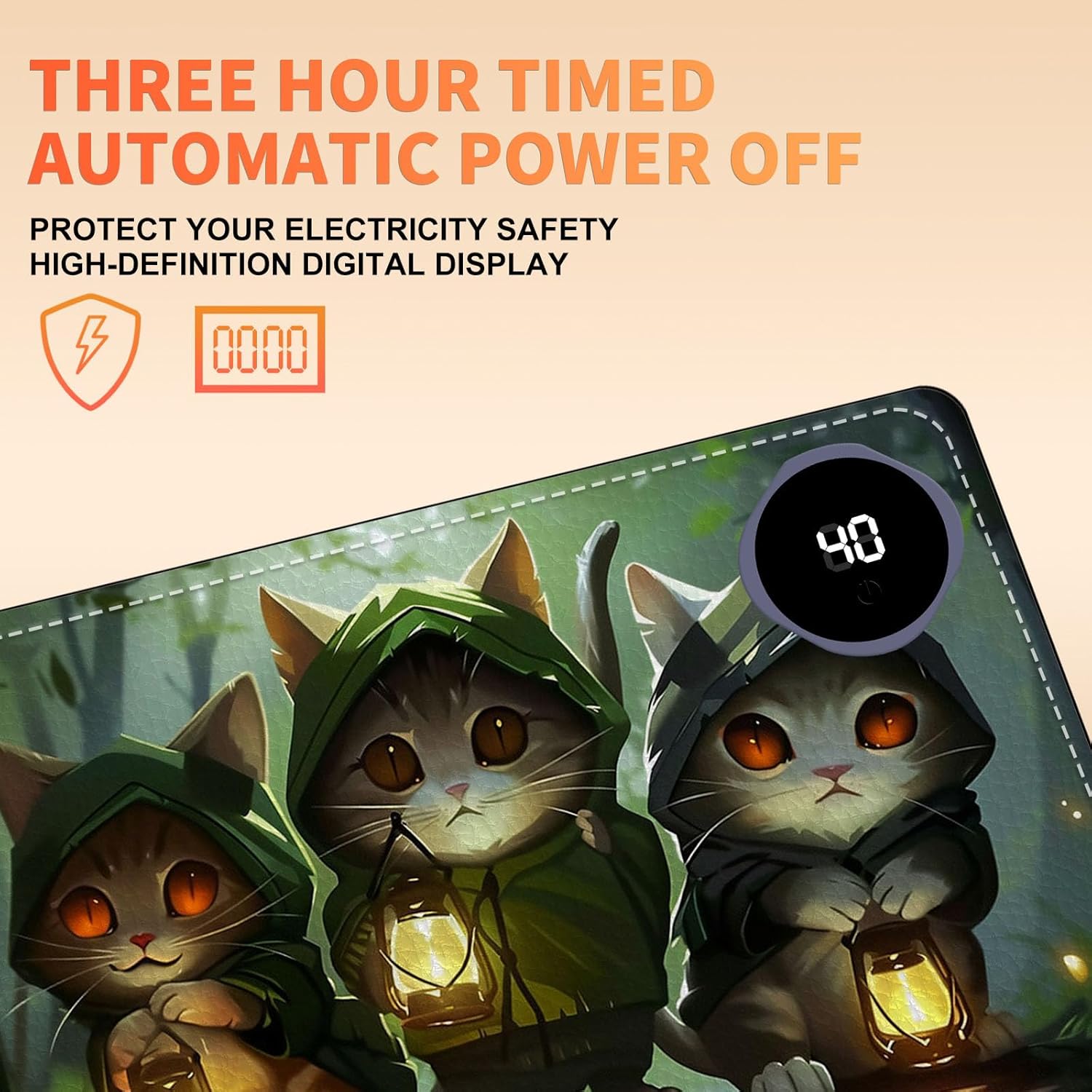 Heated Mouse Pad, Warm Desk Pad, Keyboard Mat 23.6 x 14 Inch Intelligent Fast Heating, 3 Speed Adjustable, Timed Auto Power Off for Game Office Home, 3 Cat Apostles Carrying Lanterns