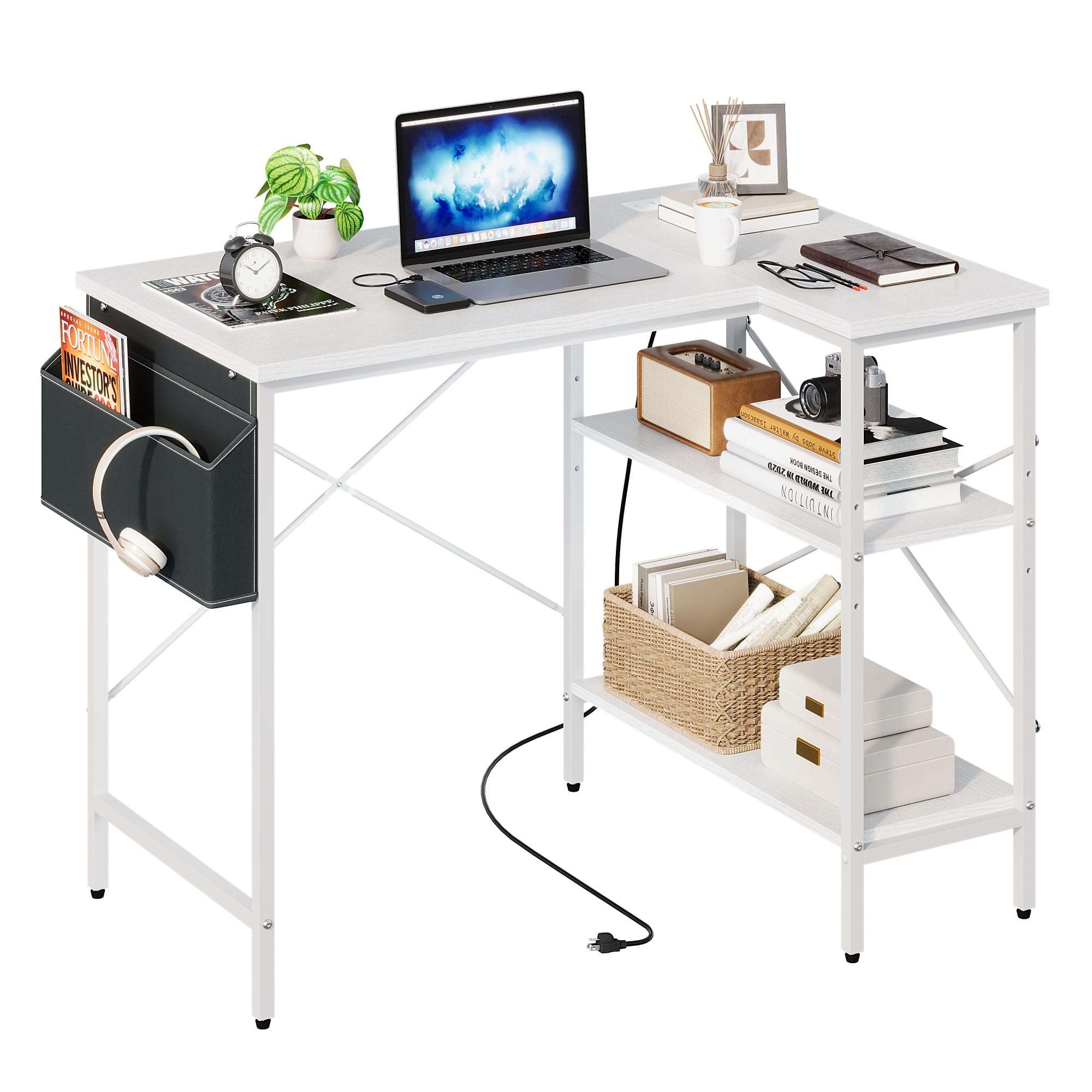 Panana L Shaped Gaming Desk with Power Outlets, Reversible Corner Computer Desk with Storage Bag & Shelves, Home Office Study Workstation Writing Table for Small Spaces (White, 120x70cm)