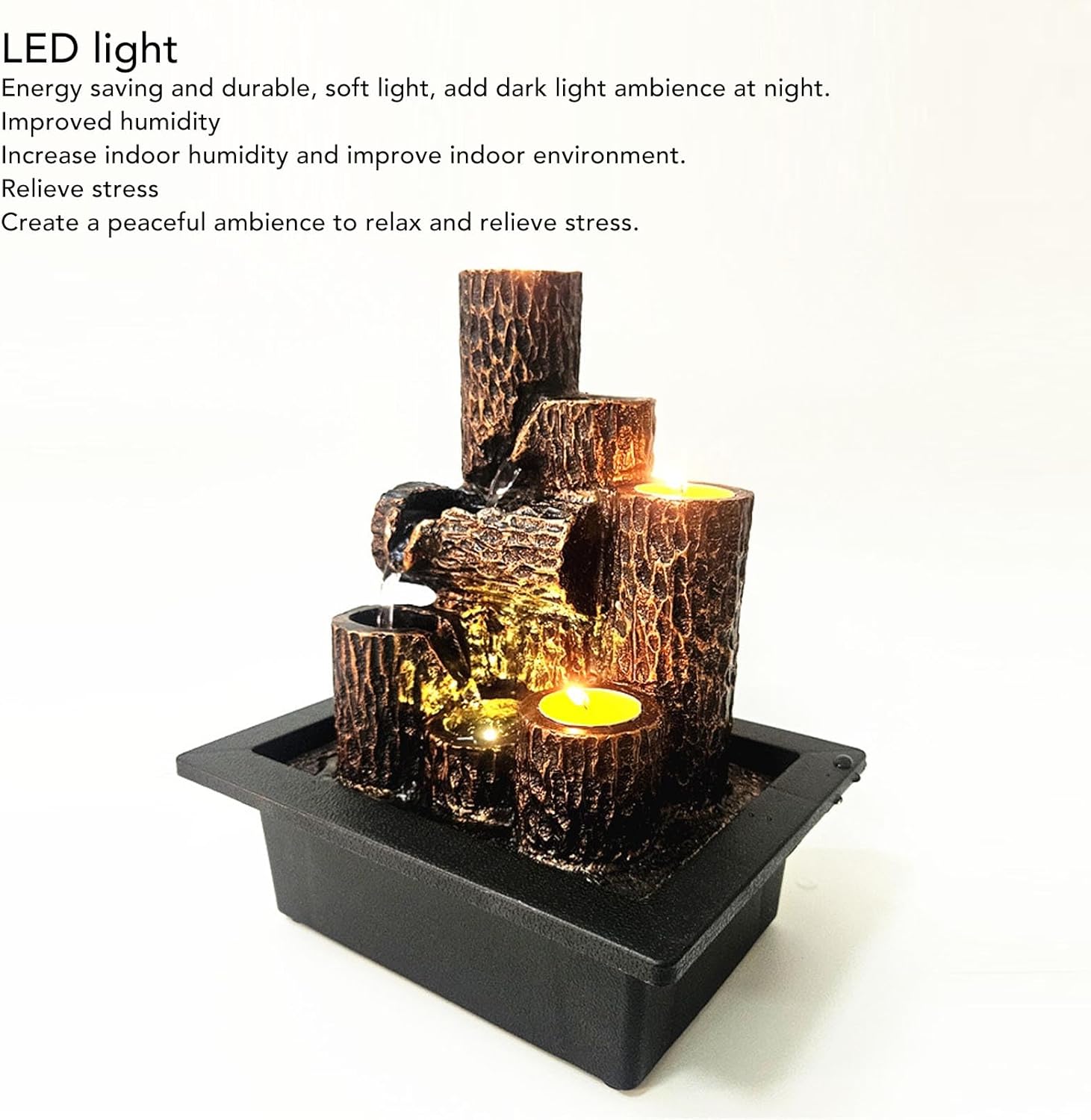 Fafeicy Resins Tabletop Fountain with Adjustables Water Flows and LED Lights for Office Living Room Decor (US Plug 110V)
