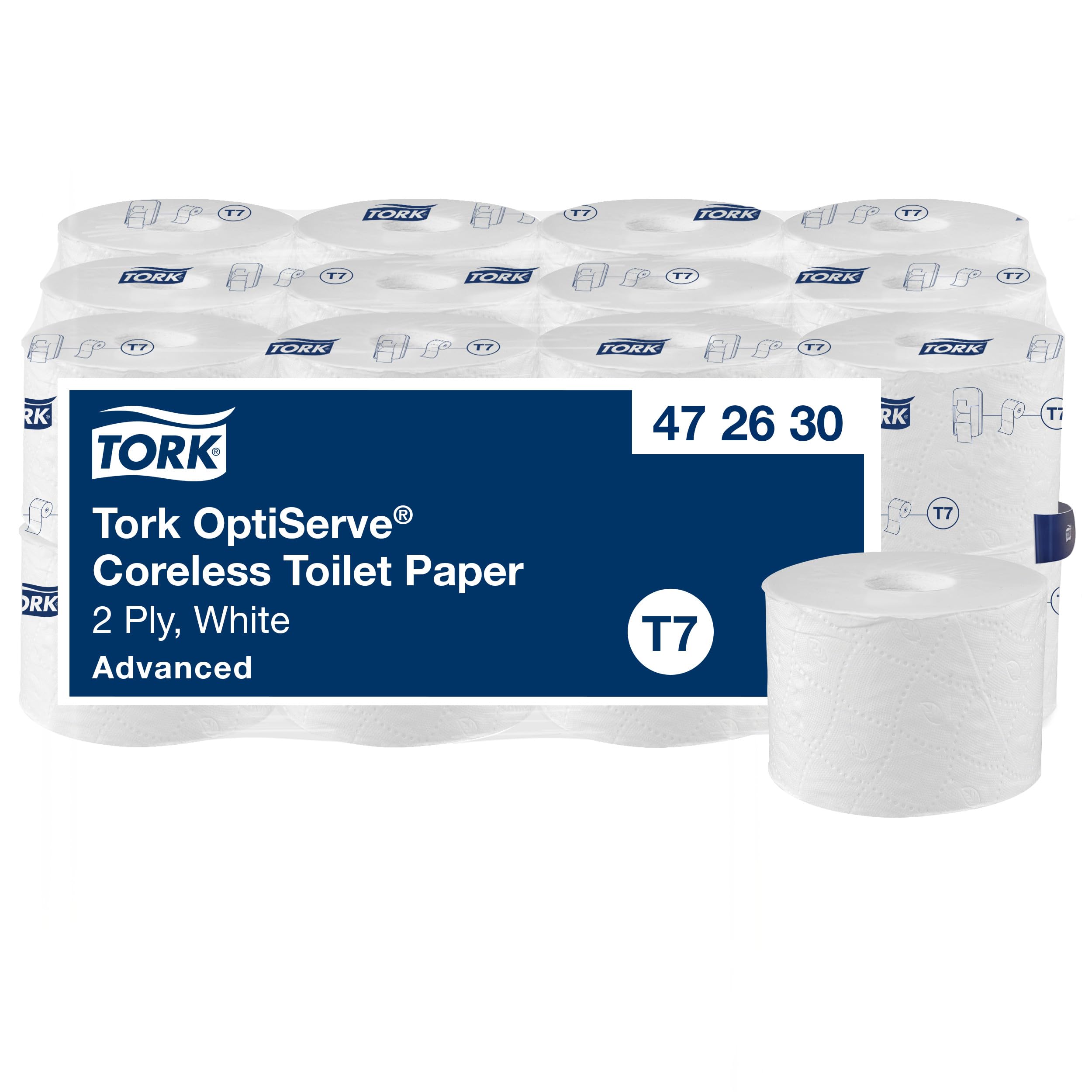 Tork OptiServe 472630 Sleeveless Toilet Paper White T7, Advanced, 2-Ply, 24 × 820 Sheets