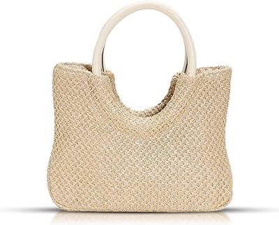 QTKJ Tote Bag for Women, Straw Beach Bag, Round Leather Handbag, Bohemian Hand-Woven, Summer Bag Suitable for Beach, Travel, Daily Matching (White)