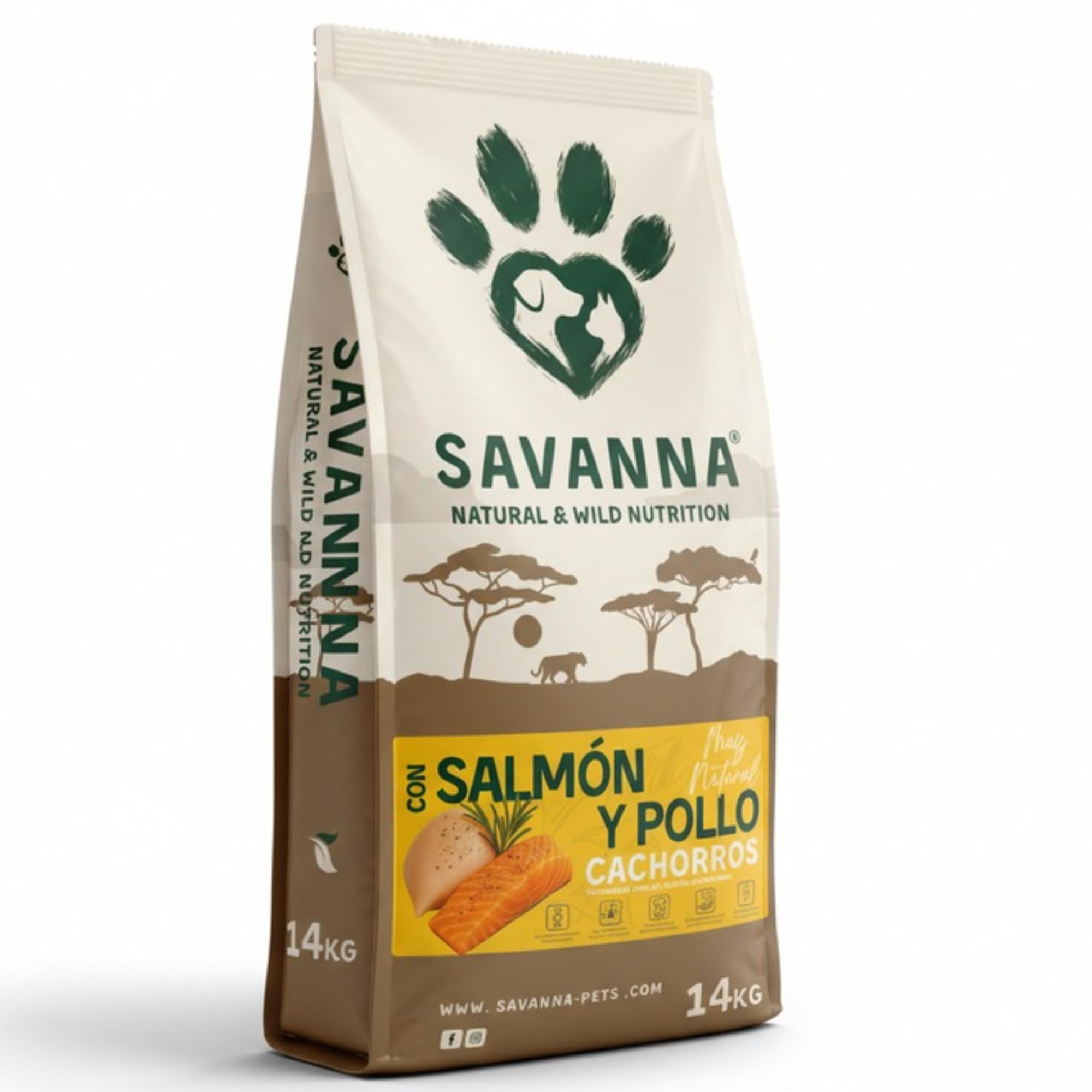 Pienso Cachorros Savanna 14 kg Salmón Pollo y Arroz, Desarrollo Saludable Cachorros y recuperación de Madres Lactantes, Alta Digestibilidad, Huesos Fuertes, Cuidado de Piel y Pelo