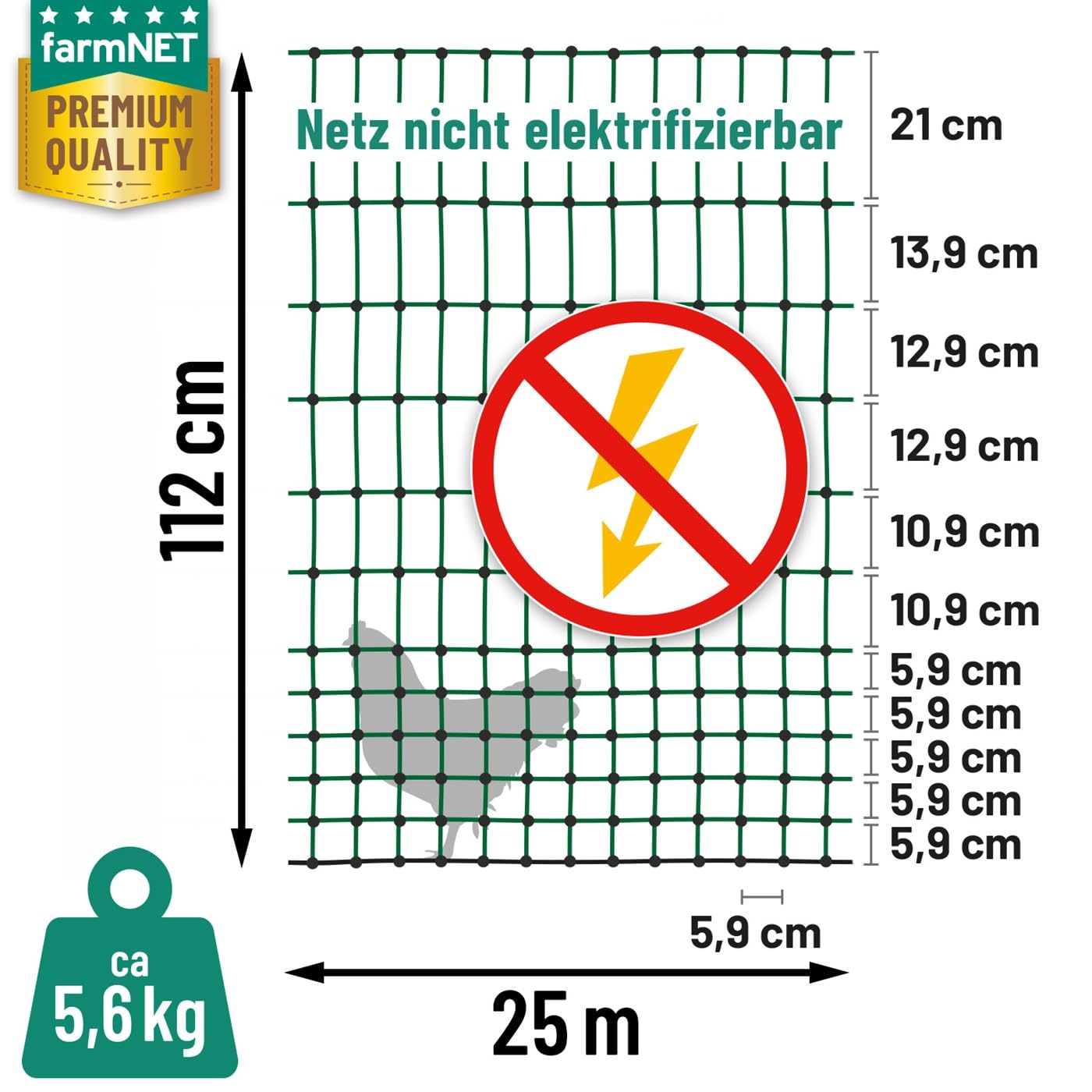 VOSS.farming Rete pollame farmNET per recinzioni Non elettrificabili, 112 cm di Altezza e 25 m di Lunghezza, a Punta Doppia, Dotata di 9 Pali, Colore Verde