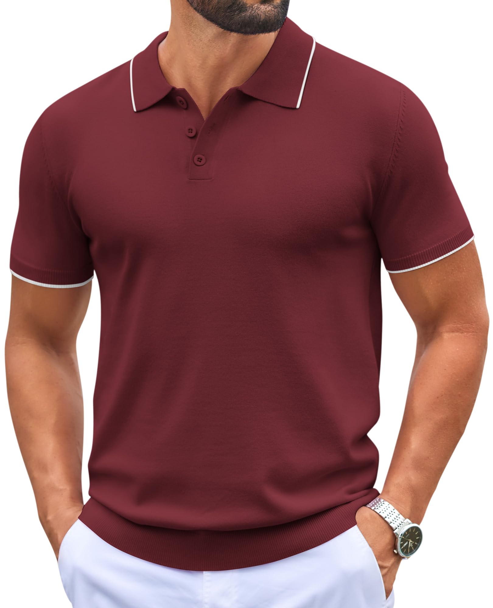Mens Knit Polo Shirts Casual Short Sleeve Button Down Polo Shirt